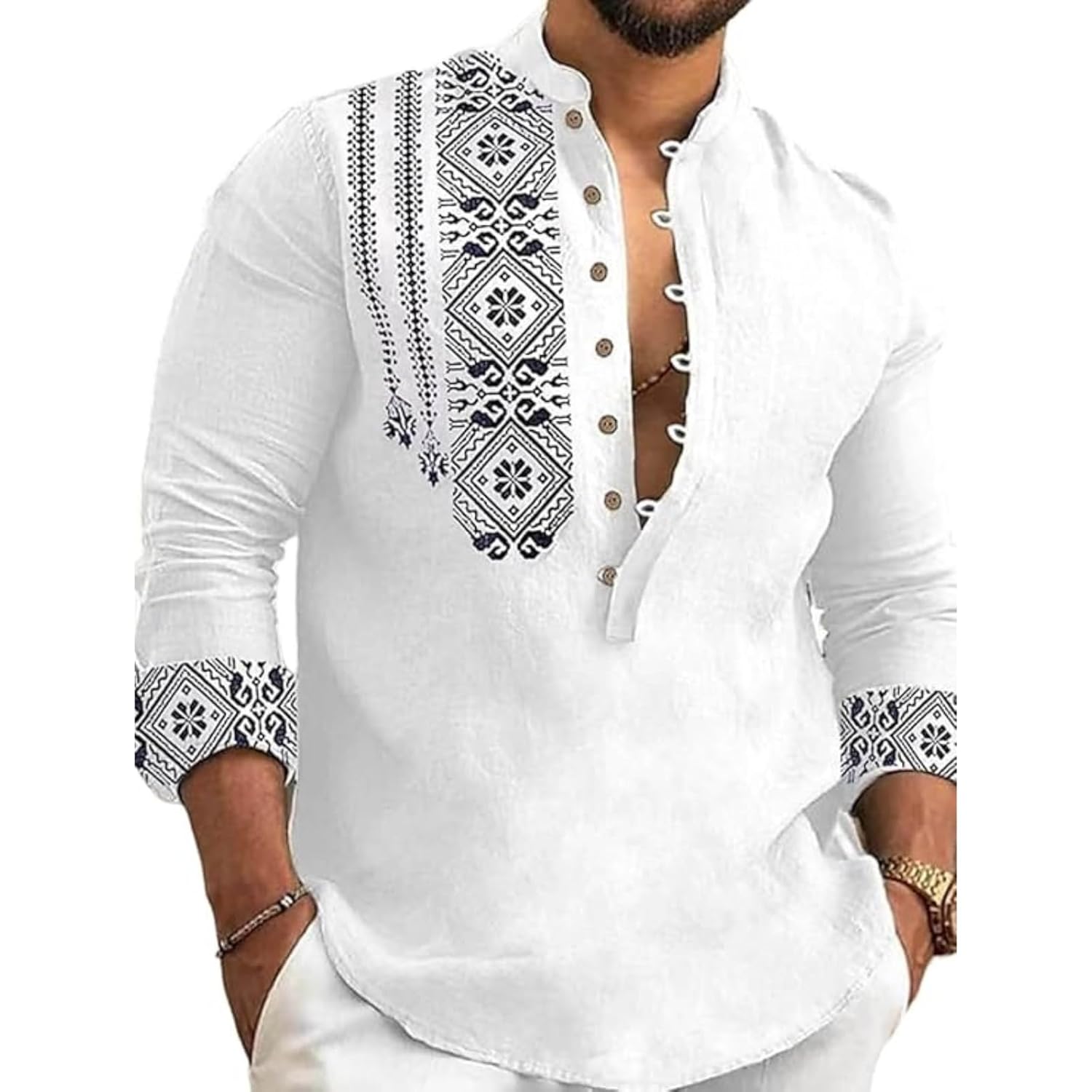 DEELMO Men’s Cotton Blend Mandarin Collar Self One Design Full Sleeve Casual Short Kurta