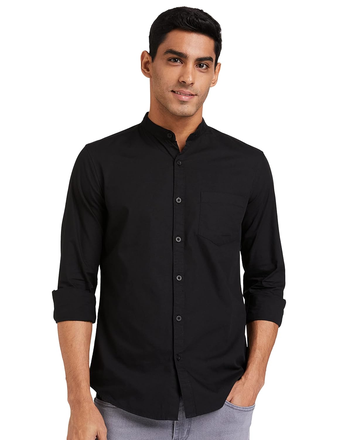 Amazon Brand – Symbol Men’s Cotton Shirt | Chinese Collar | Casual | Plain | Full Sleeve | Summer – Regular Fit (Available in Plus Size and Combo Packs)