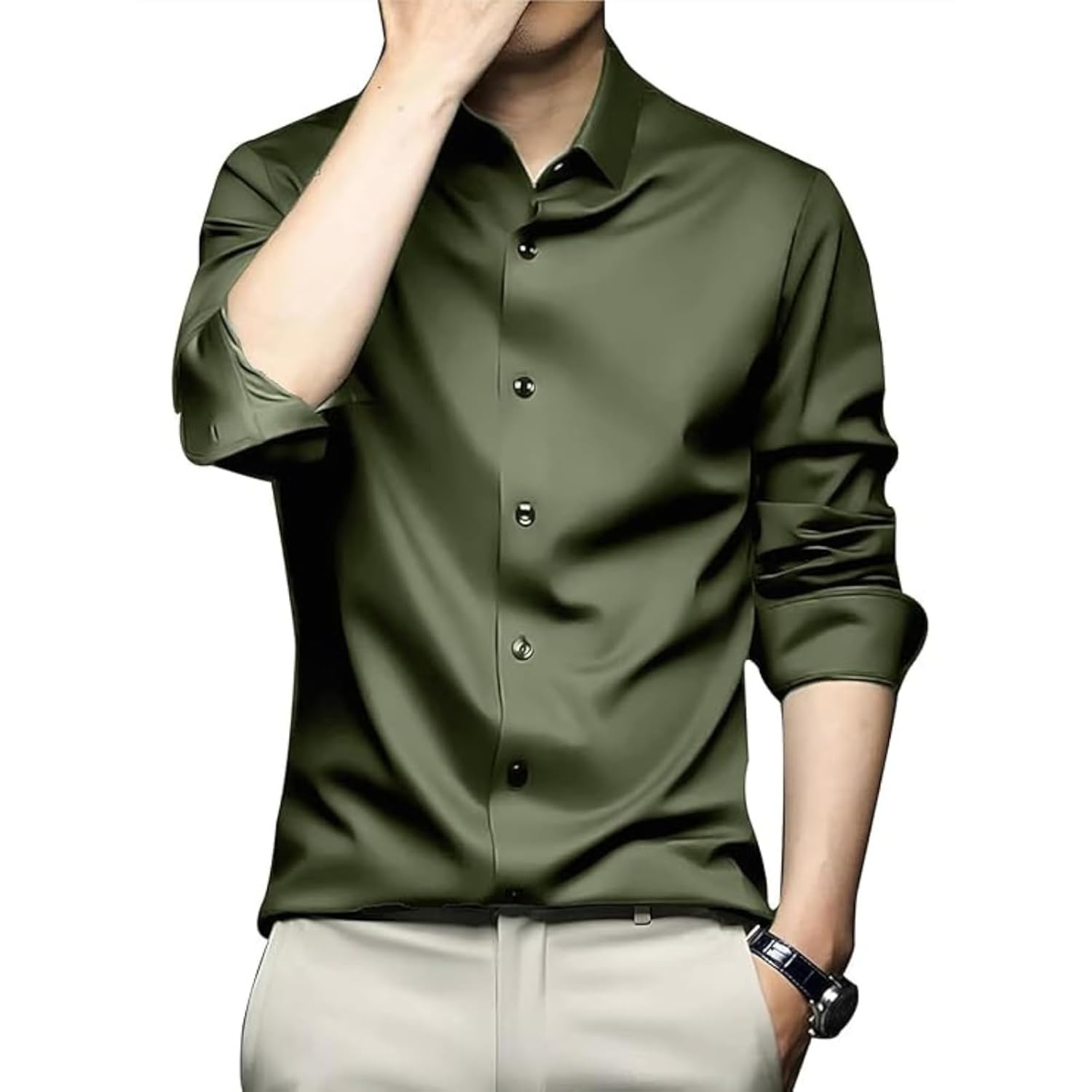 DEELMO Men’s Stylish Solid Satin Casual Shirt for Men Full Sleeves| Poly Satin Silk Shirt