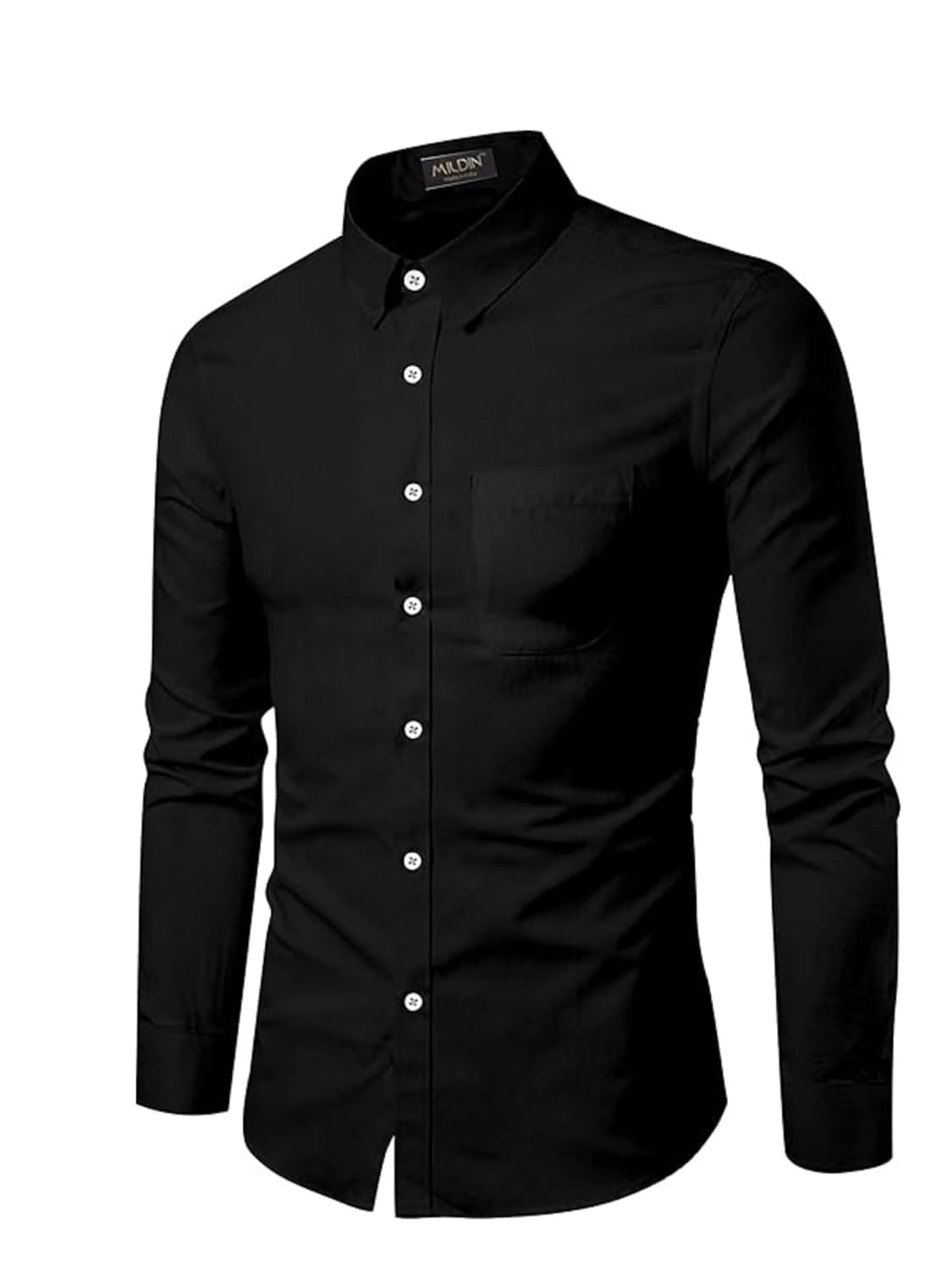 MILDIN Men’s Regular Cotton Blend Slim Fit Solid Button Down Spread Collar Full Sleeve Curved Hemline Formal Shirt with One Pocket