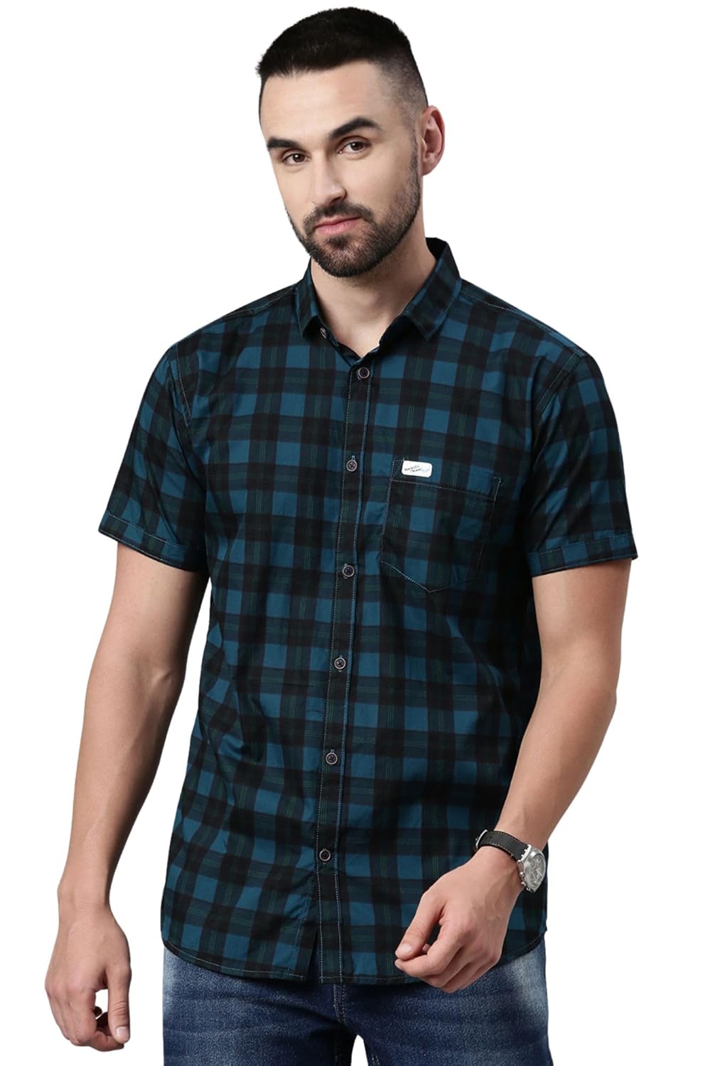 Majestic Man Men Cotton Checkered Half Sleeve Slim Fit Casual Shirt
