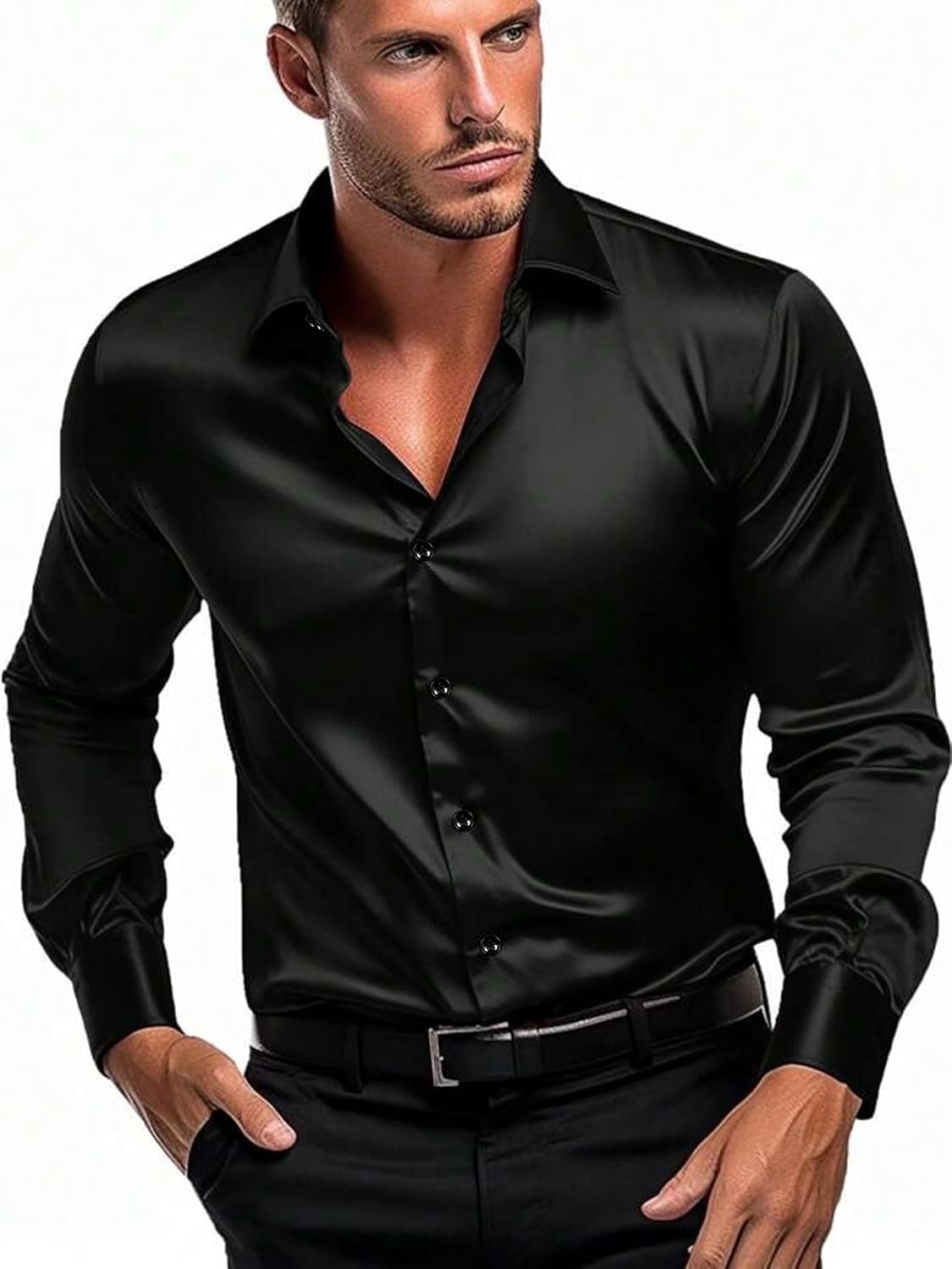 IndoPrimo Men’s Classic fit Plain Satin Casual Shirt for Men Full Sleeve