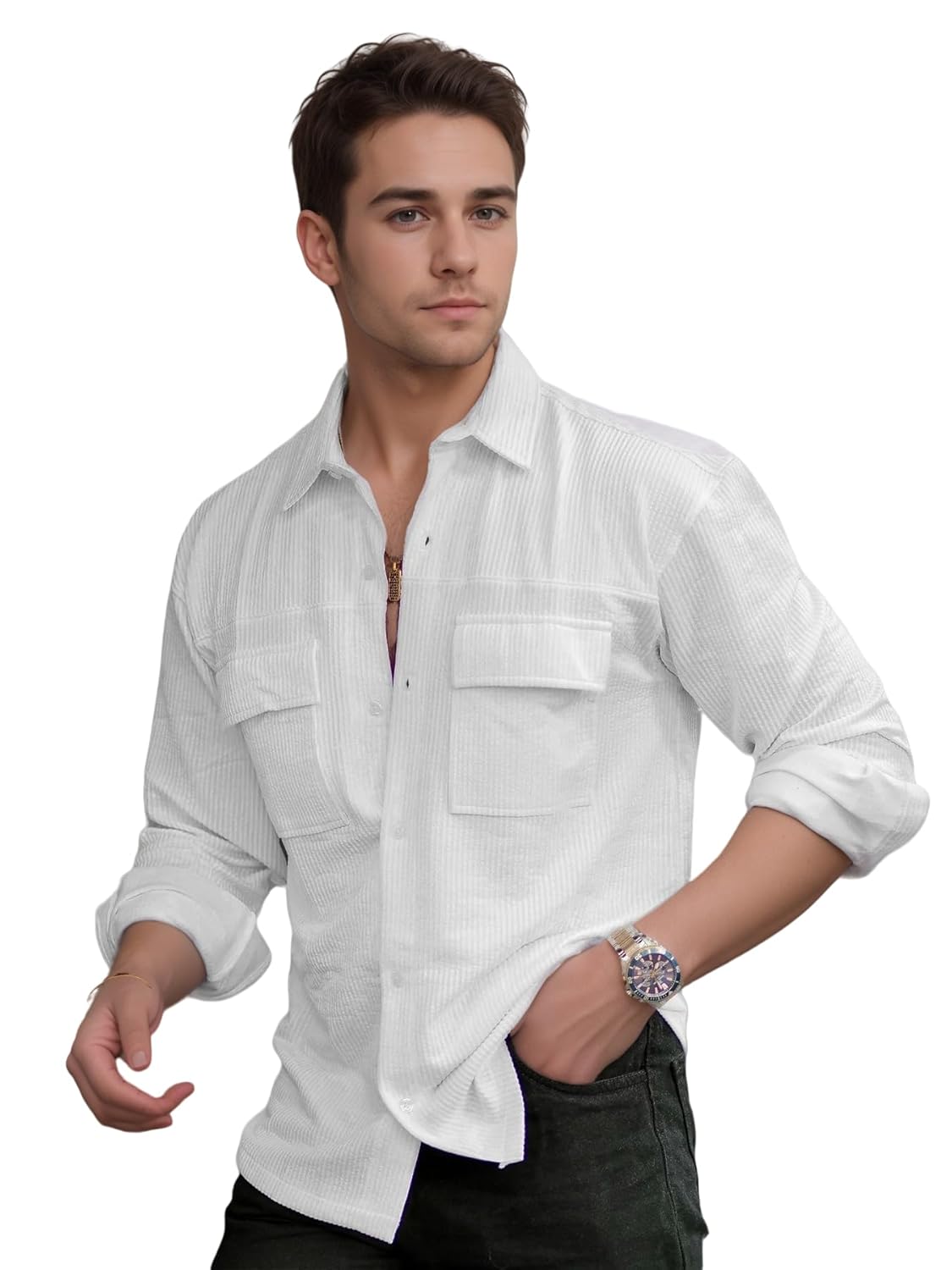 IndoPrimo Men’s Regular Fit Fancy Double Pocket Casual Shirt for Men Full Sleeves – Cargo