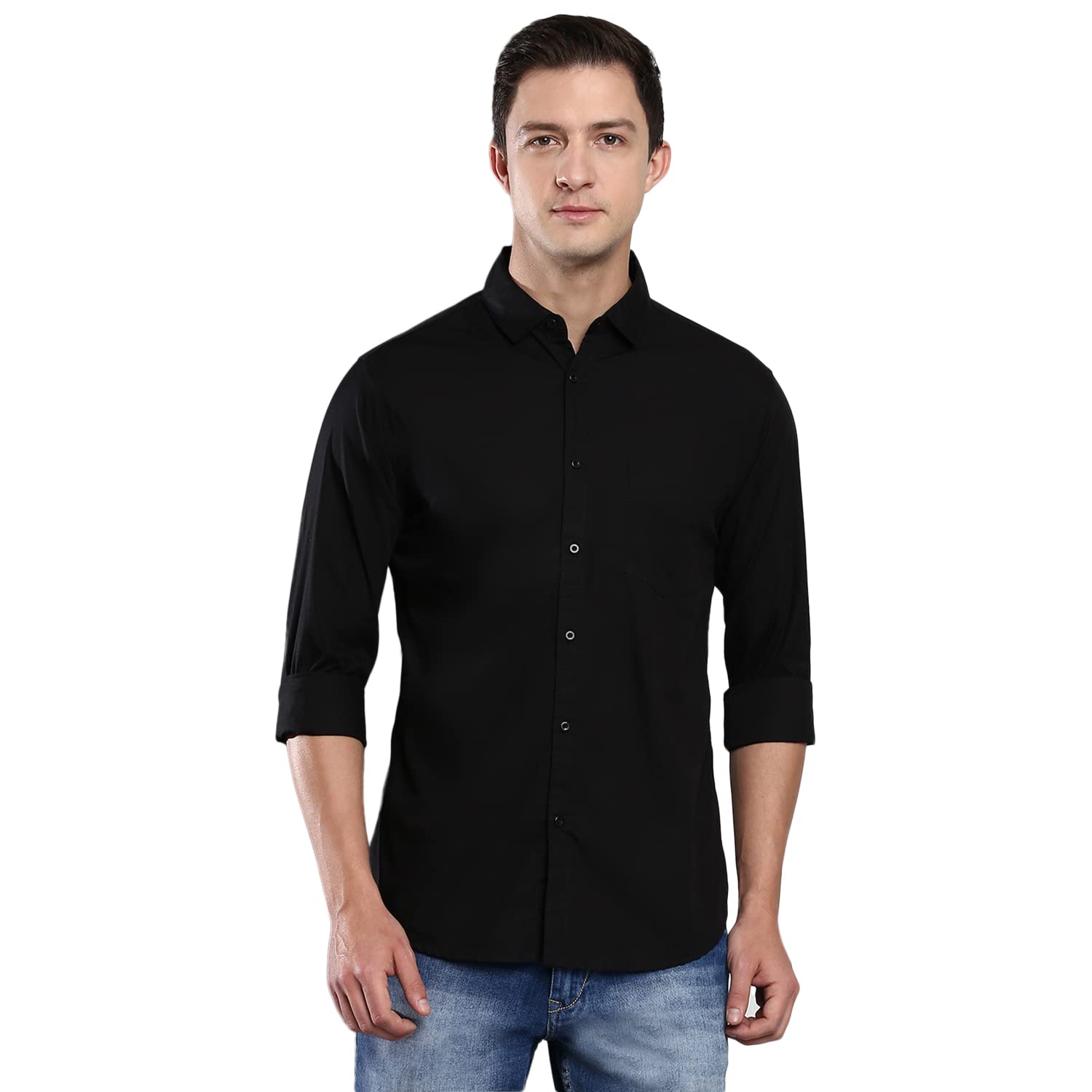 Dennis Lingo Men’s Solid Black Slim Fit Cotton Casual Shirt with Spread Collar & Full Sleeves (AZ301_Black_XL)