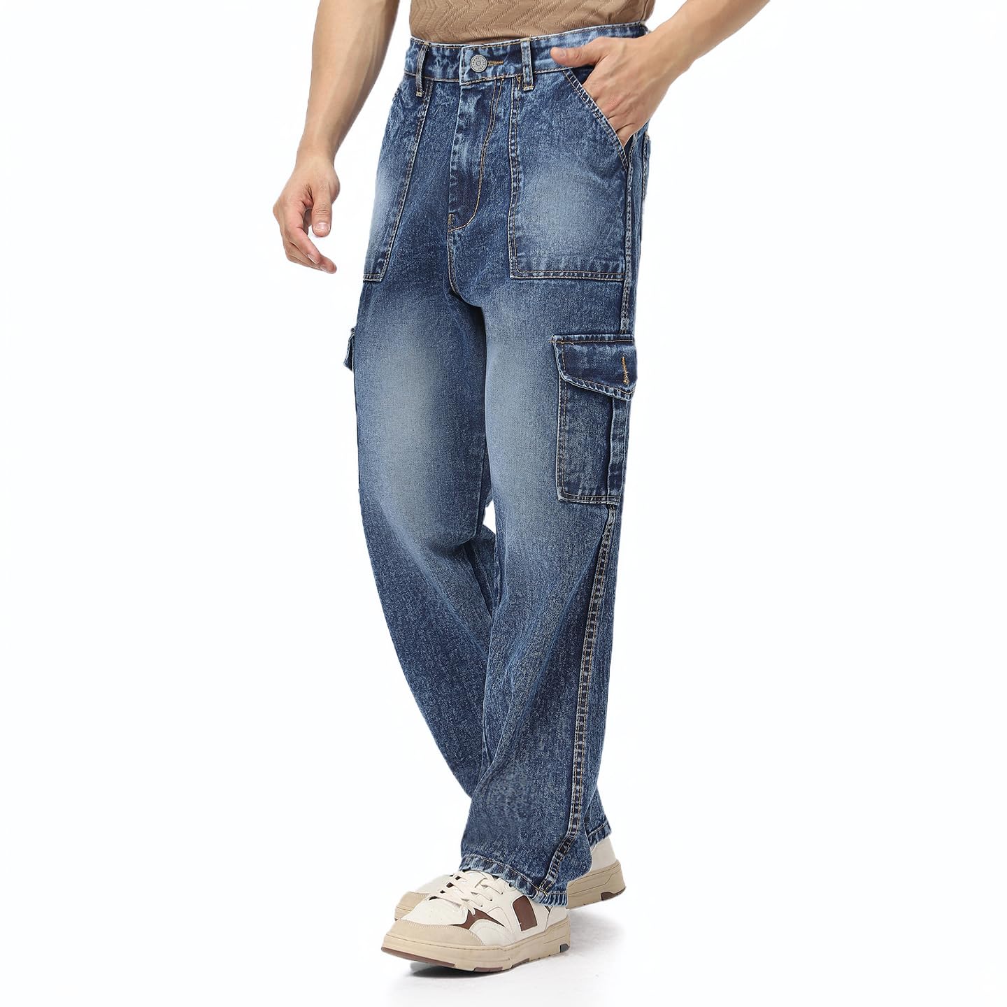 Urbano Fashion Men’s Loose Baggy Fit Washed Cargo Jeans with 6 Pockets Non-Stretchable