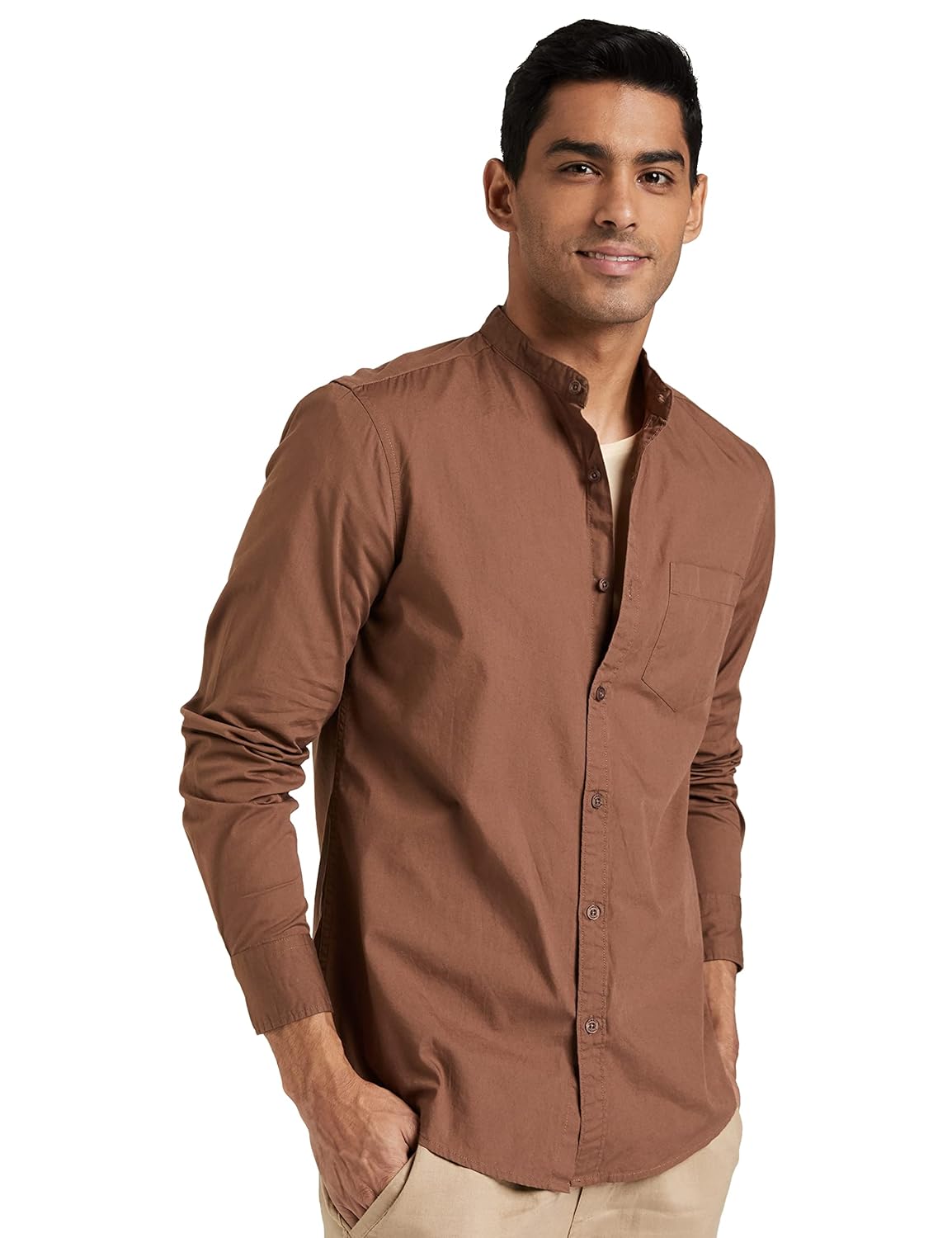 Amazon Brand – Symbol Men’s Cotton Shirt | Chinese Collar | Casual | Plain | Full Sleeve | Summer – Regular Fit (Available in Plus Size and Combo Packs)