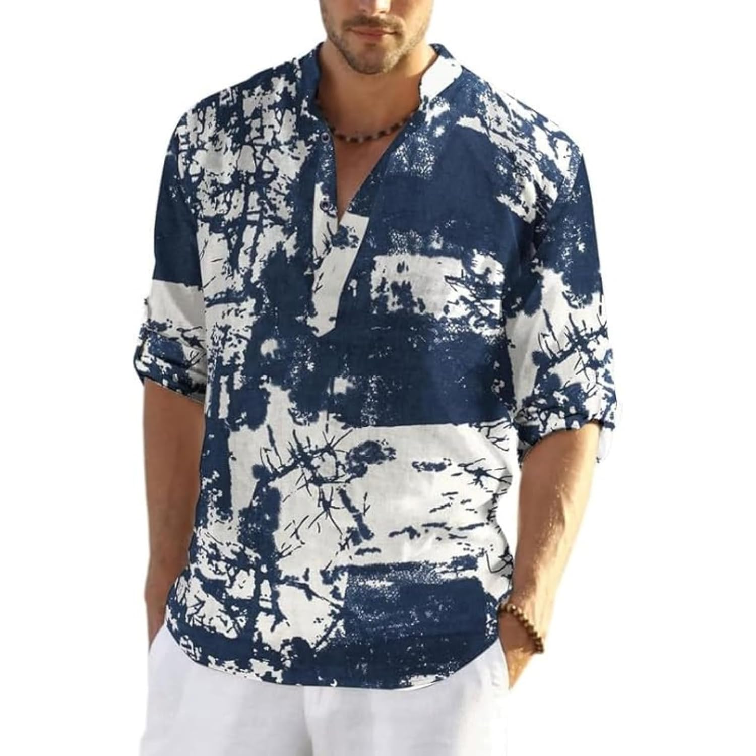 Bellstone Men’s Cotton Blend Full Sleeve Printed Short Kurta with Mandarin Collar Crafted from a Premium Cotton Blend