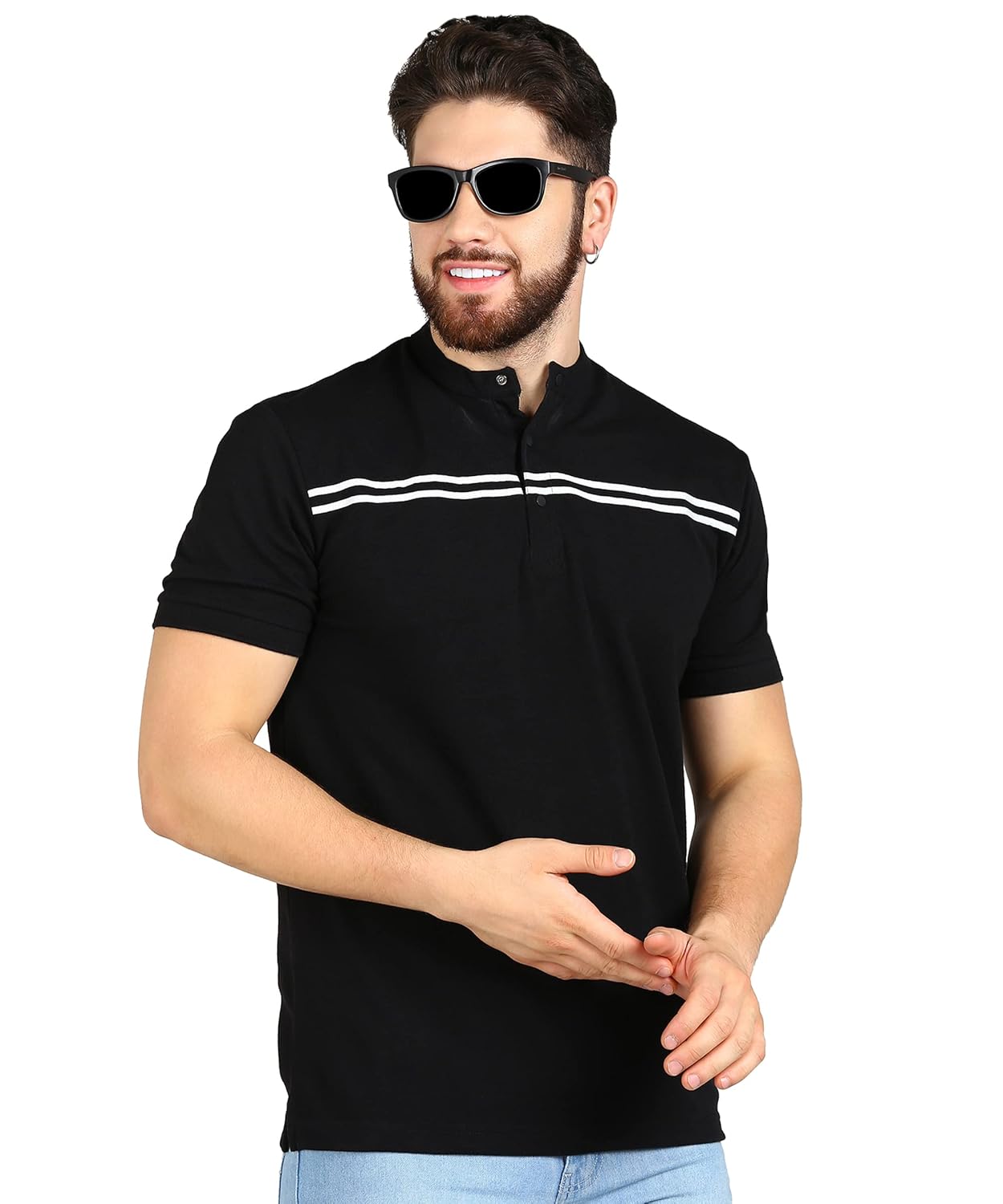 Alan Jones Clothing Men’s Mandarin Collar Polo T-Shirt | Tich Button Closure, Chest Stripes, Ribbed Sleeves – Regular Fit