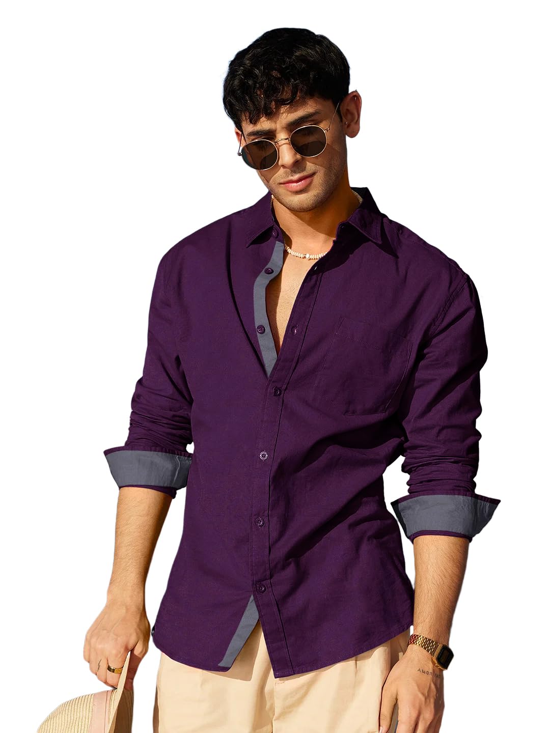 Pinkmint Casual Shirt for Men Stylish Men’s Shirt Soild Regular Fit Long Sleeve Formal Wear Purple