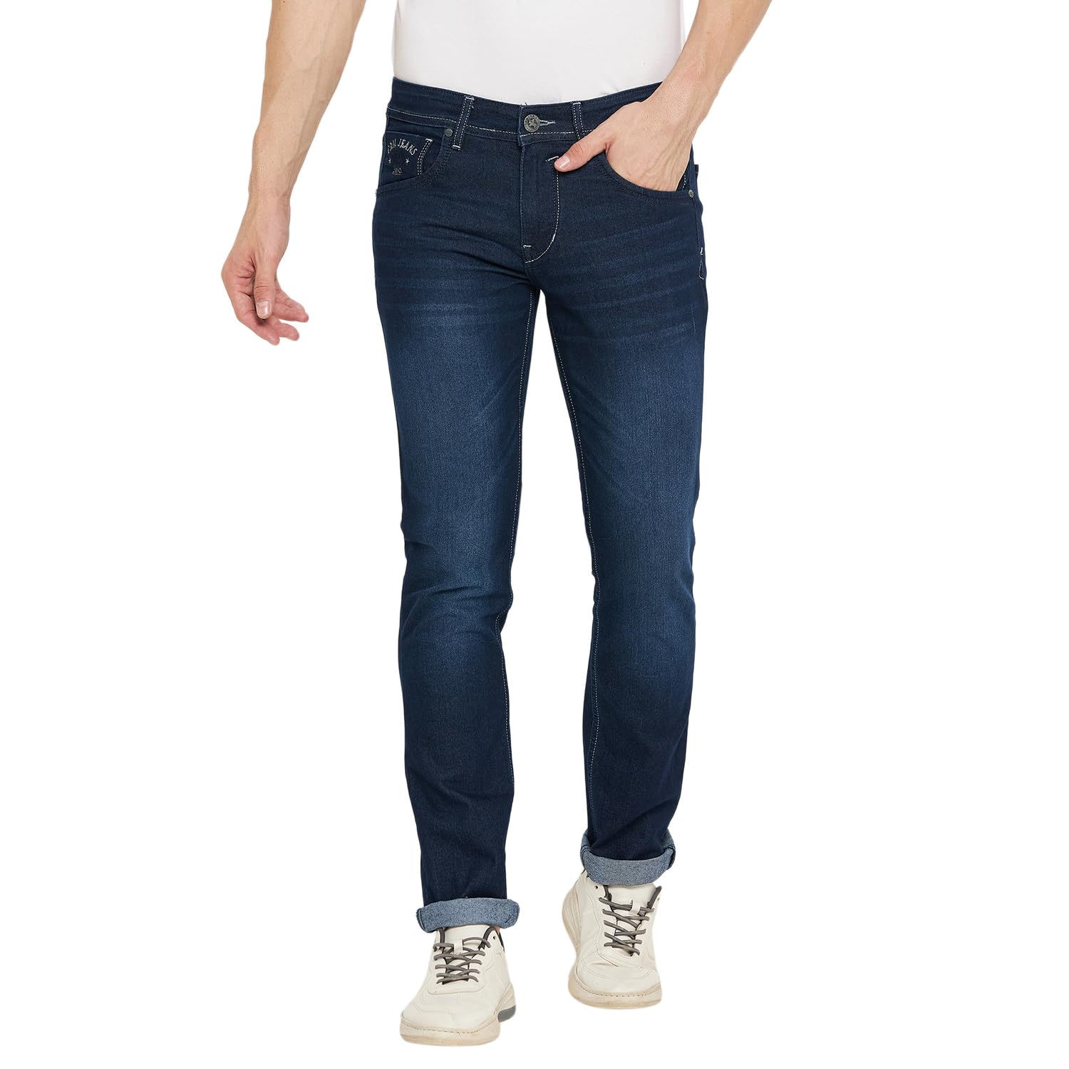 Cantabil Cotton Solid Denim Flat Front Mid Rise Full Length Regular Fit Dark Blue Casual Jeans for Men | Denim for Mens | Mens Full Length Cotton Casual Jeans (P_MDNM00438_DARKMERCERISED)