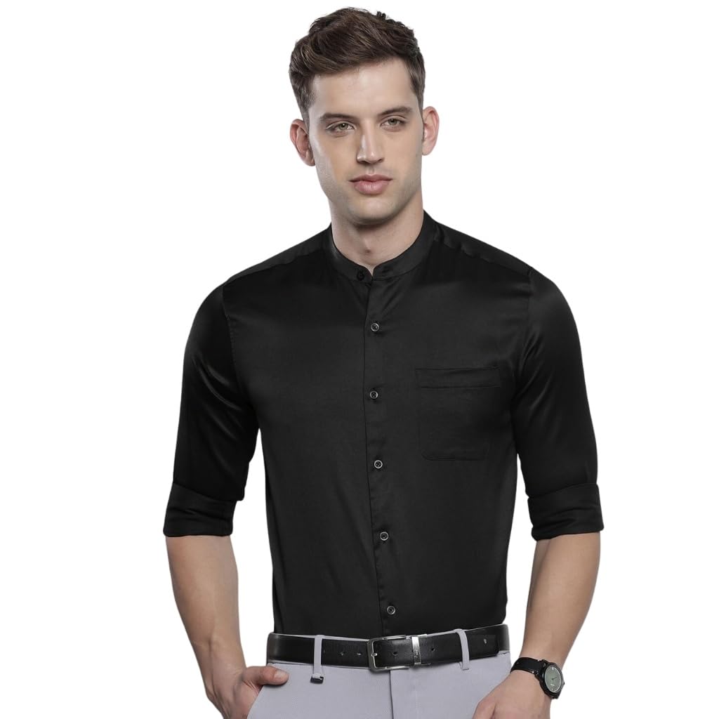 The Indian Garage Co Men Cotton Slim Fit Solid Full Sleeves Mandarin Collar Formal Shirt