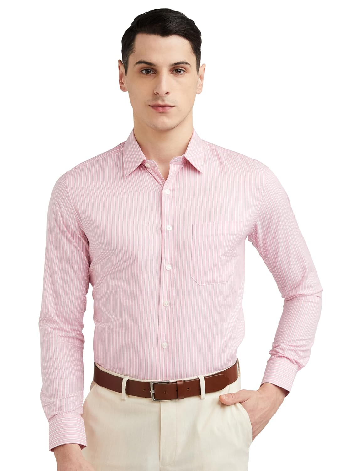 Louis Philippe Men’s Easy to Iron Premium Cotton Wrinkle Resistant Slim fit Striped Formal Shirt