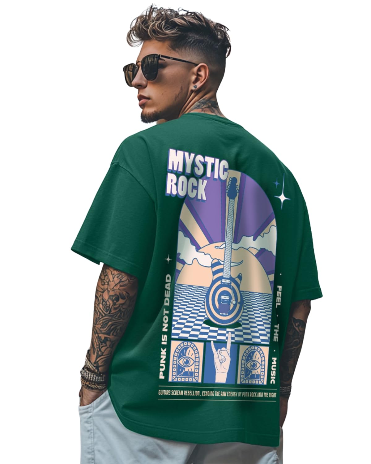 Veirdo® Pure Cotton Oversized Baggy Fit Drop Shoulder Stylish and Latest Graphic Printed Round Neck Half Sleeves T-Shirt for Men (Available Color Options: Black, Green, Royal Blue, Lilac & Sky Blue)