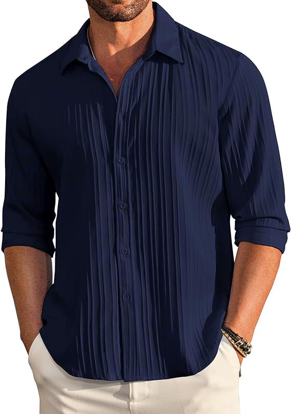 CB-COLEBROOK Men’s Casual Button Down Shirts Long Sleeve Linen Shirt Fashion Textured Beach Summer Shirts