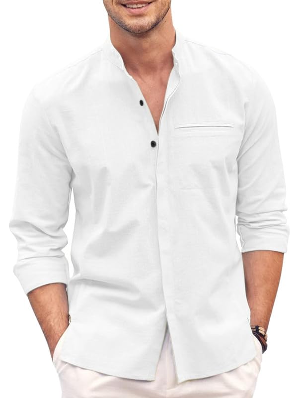 MADHAVISTA Mens Casual Button Down Shirt | Cotton Luster Long Sleeves Shirts | Mandarin Collared Shirts