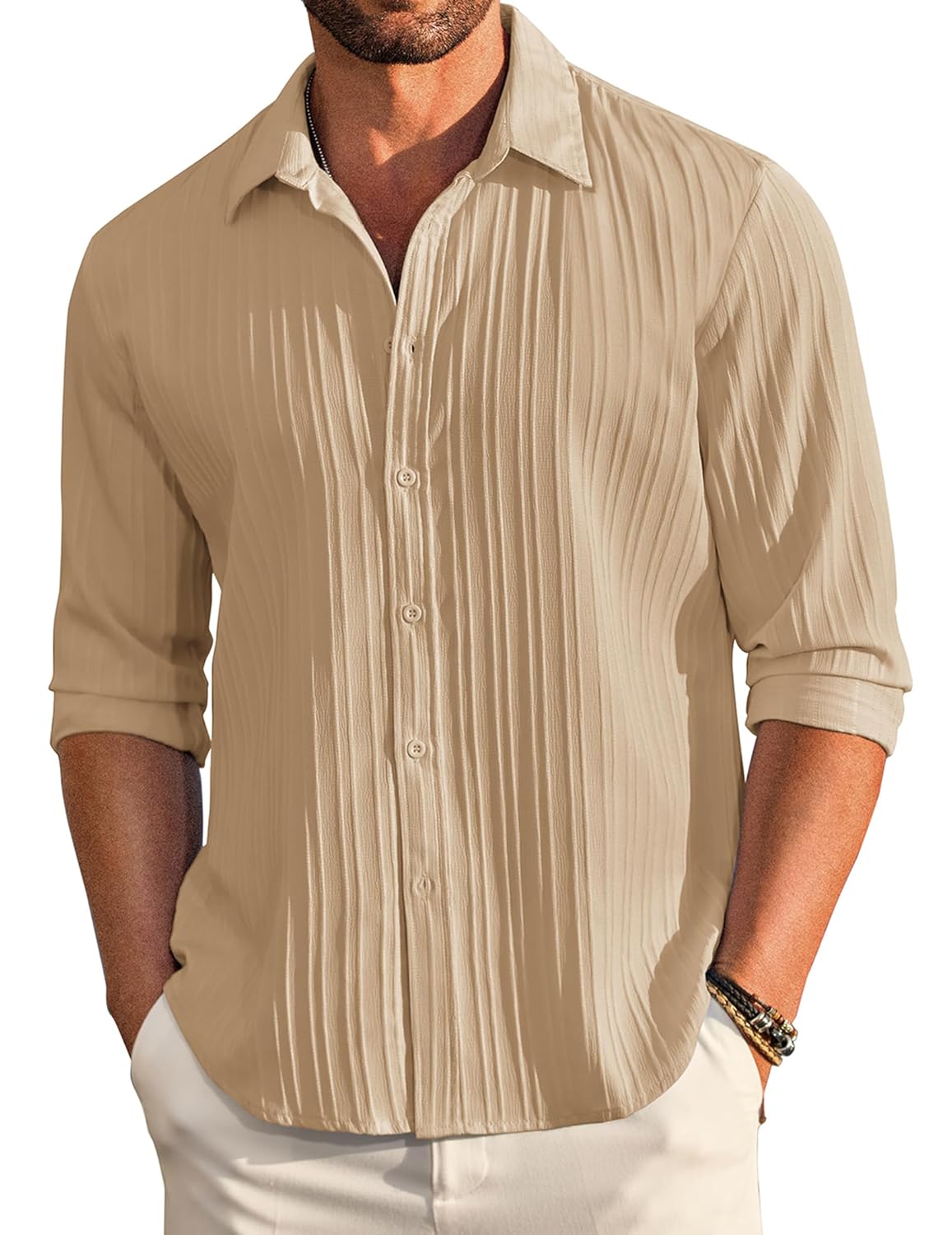 DEELMO Men’s Casual Button Down Shirts Long Sleeve Linen Shirt Fashion Textured Beach Summer Shirt