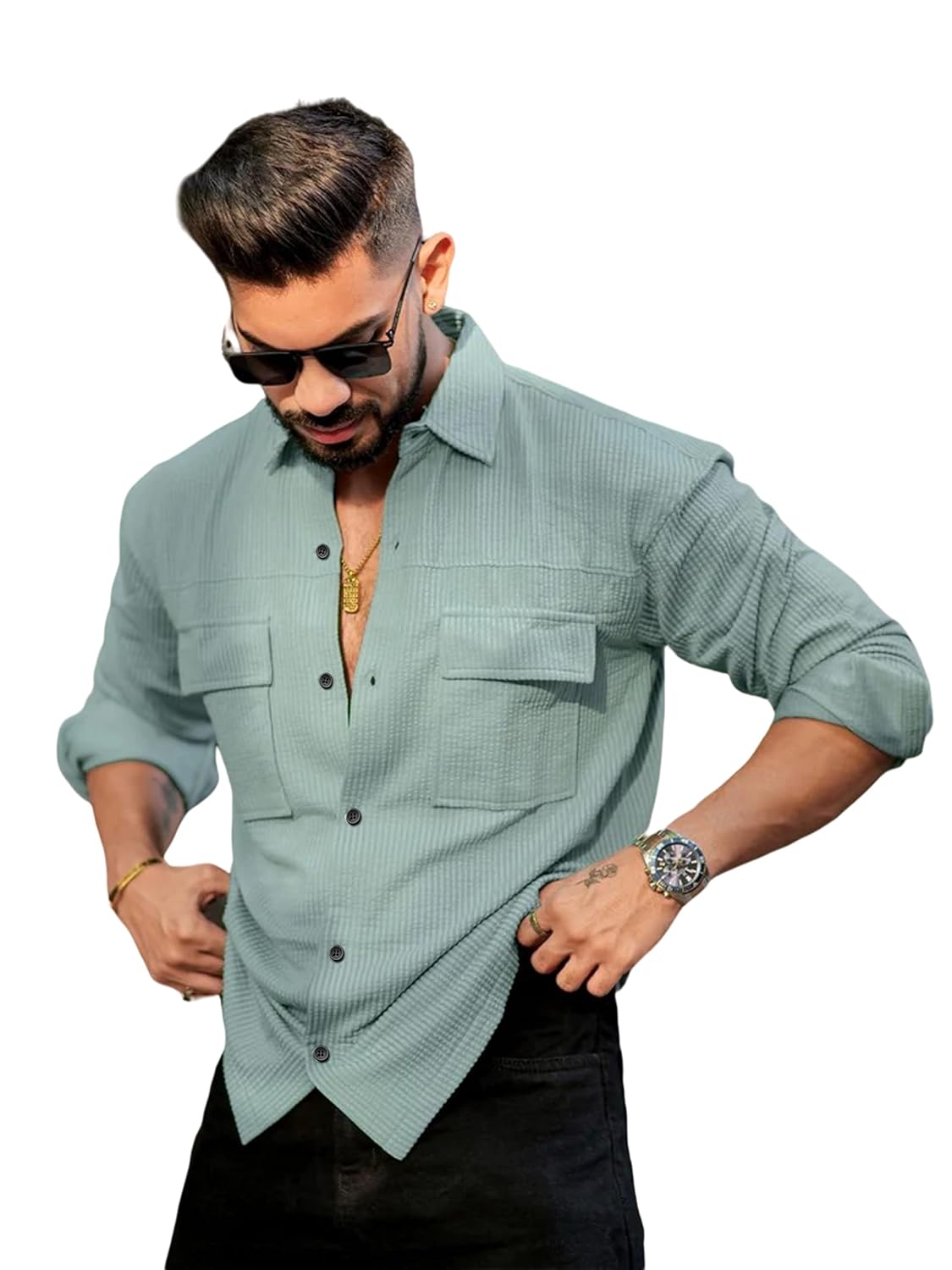 IndoPrimo Men’s Regular Fit Fancy Double Pocket Casual Shirt for Men Full Sleeves – Cargo