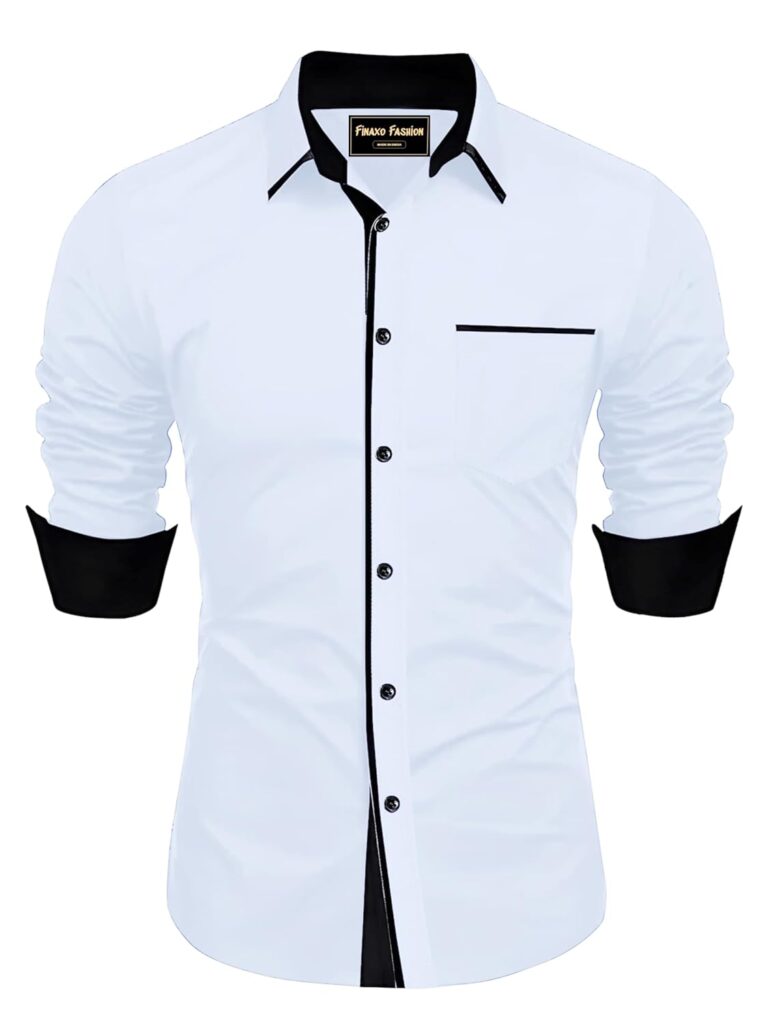 FINAXO FASHION Men’s Cotton Blend Shirt, Black with Red Trim, Long Sleeve, Regular Fit