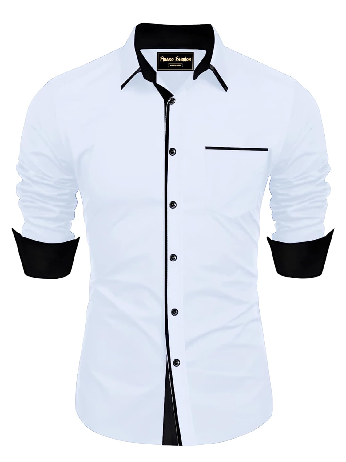 FINAXO FASHION Men’s Cotton Blend Shirt, Black with Red Trim, Long Sleeve, Regular Fit