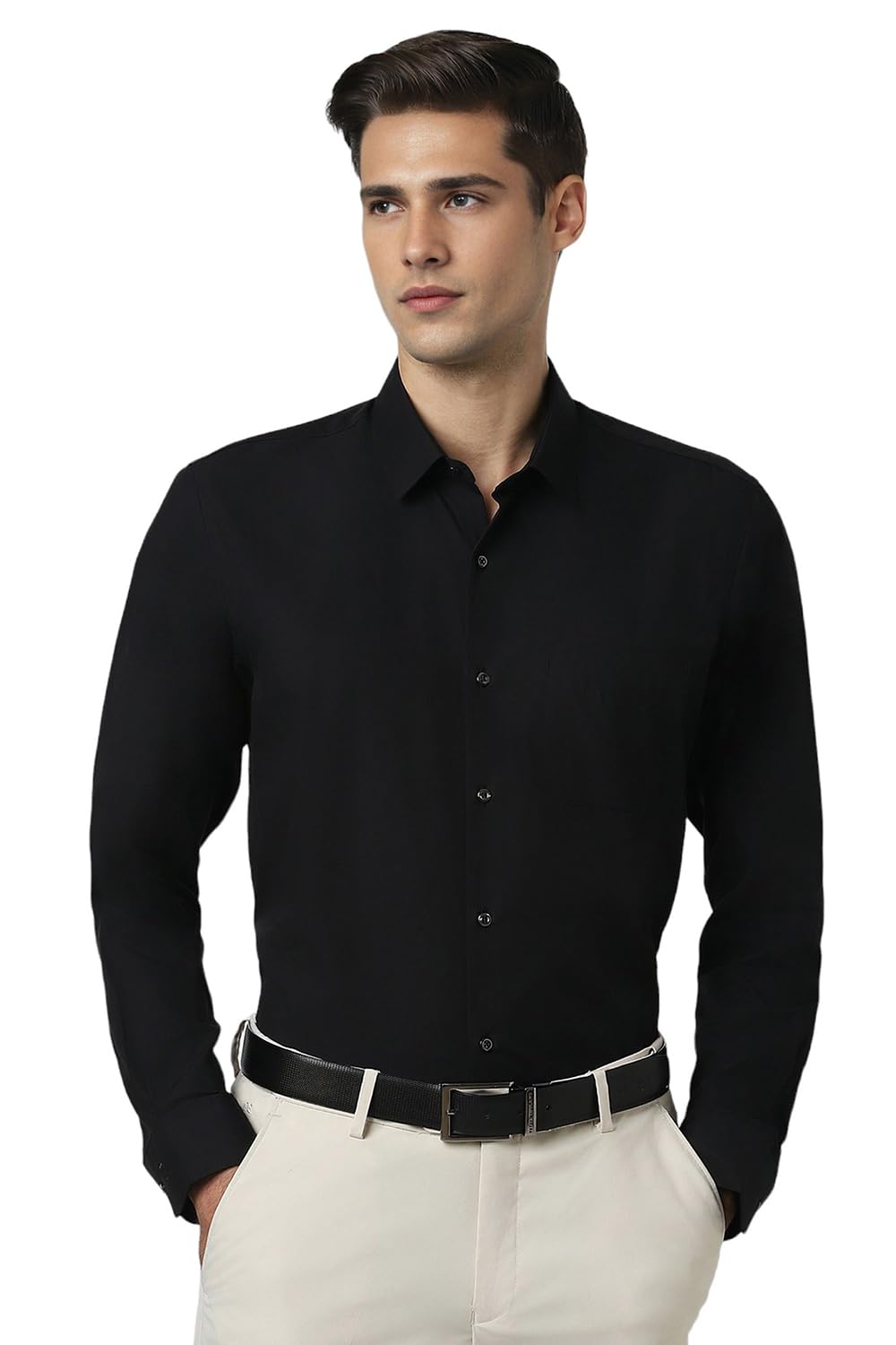 Peter England Men’s Premium Solid Herringbone Regular Fit Full Sleeve Formal Shirt | Wonder Fabric | Cotton Rich