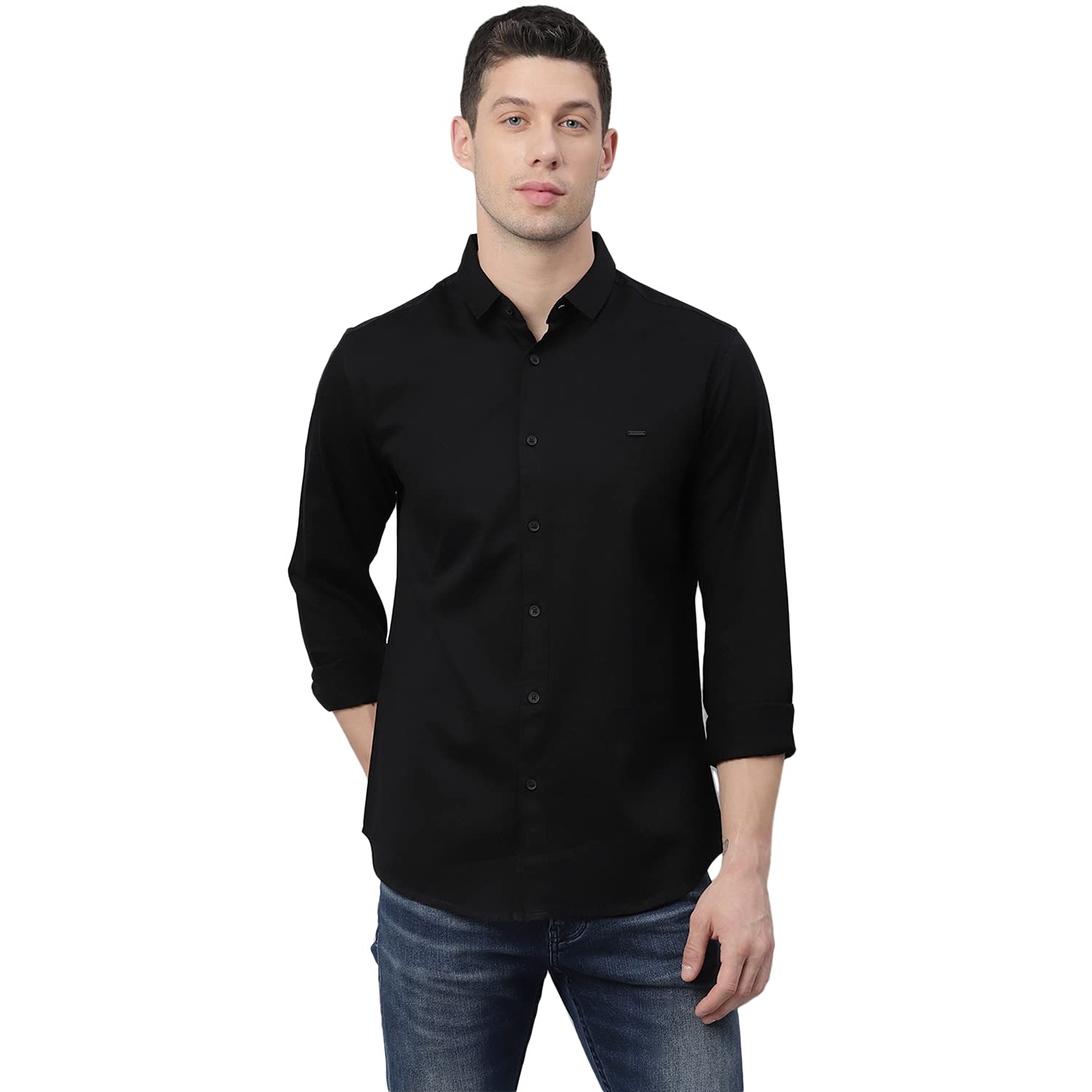 Dennis Lingo Men’s Cotton Solid Slim Fit Casual Shirt with Pocket, Full Sleeve Shirt for Formal & Casual Wear