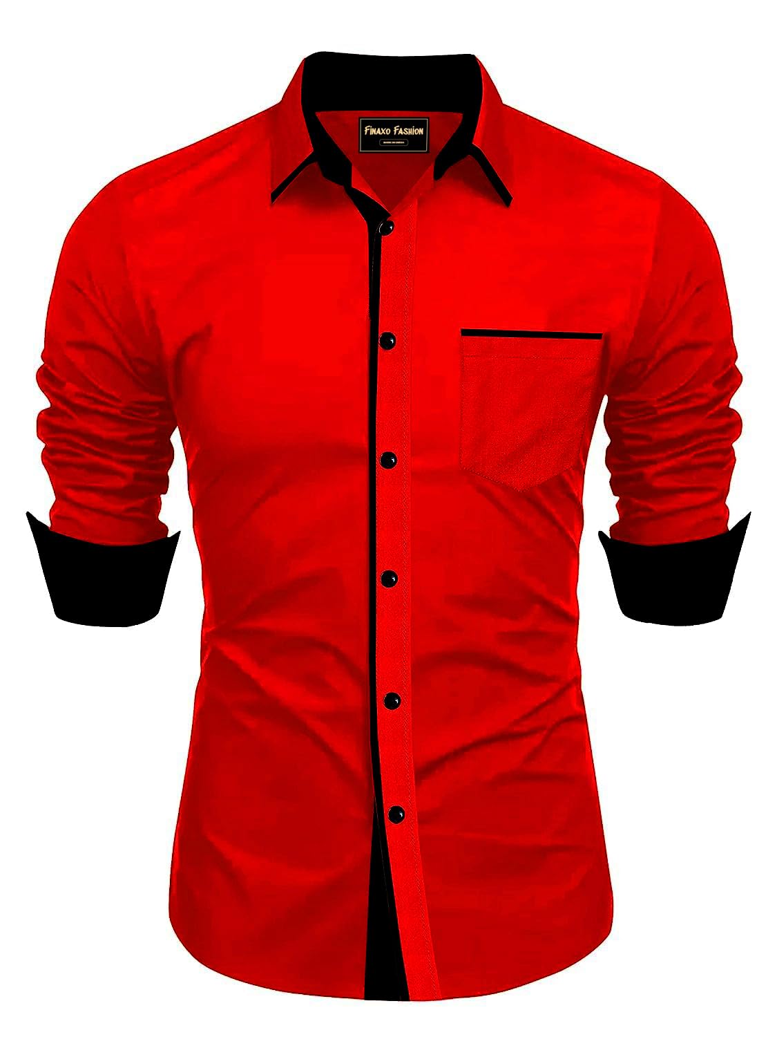 FINAXO FASHION Men’s Cotton Blend Shirt, Black with Red Trim, Long Sleeve, Regular Fit
