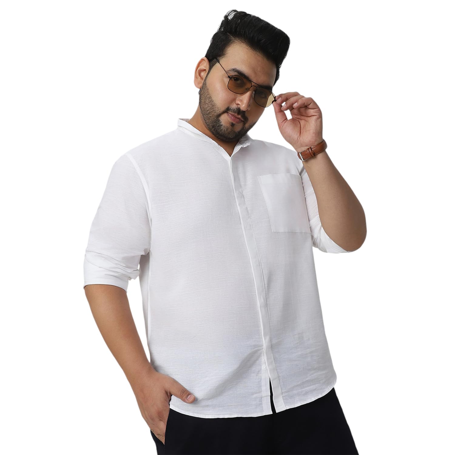 Urbano Plus Men’s Cotton Full Sleeve Regular Fit Casual Solid Shirt with Band Collar