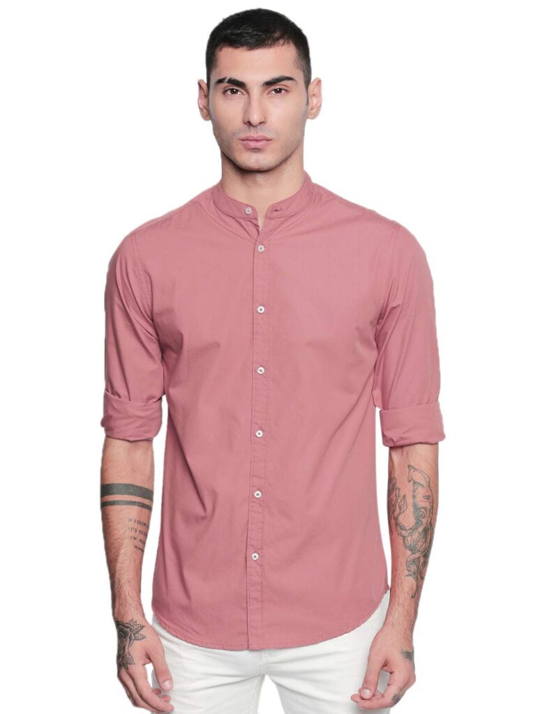 Dennis Lingo Men Solid Mandarin Collar Full Sleeves Regular Fit Casual Shirt