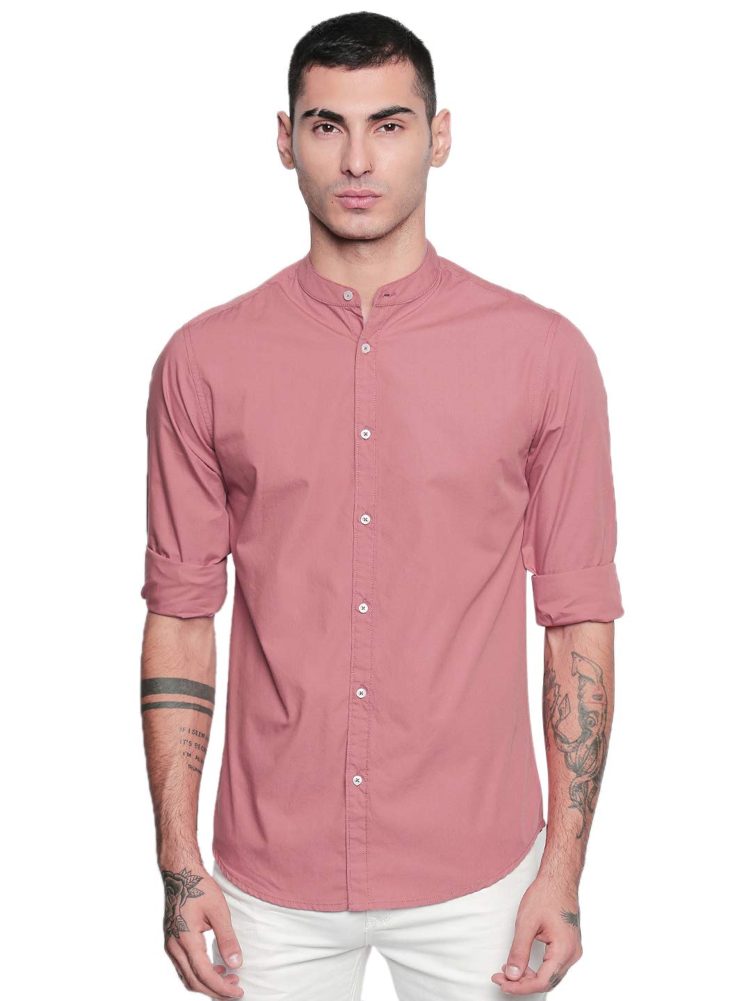 Dennis Lingo Men Solid Mandarin Collar Full Sleeves Regular Fit Casual Shirt