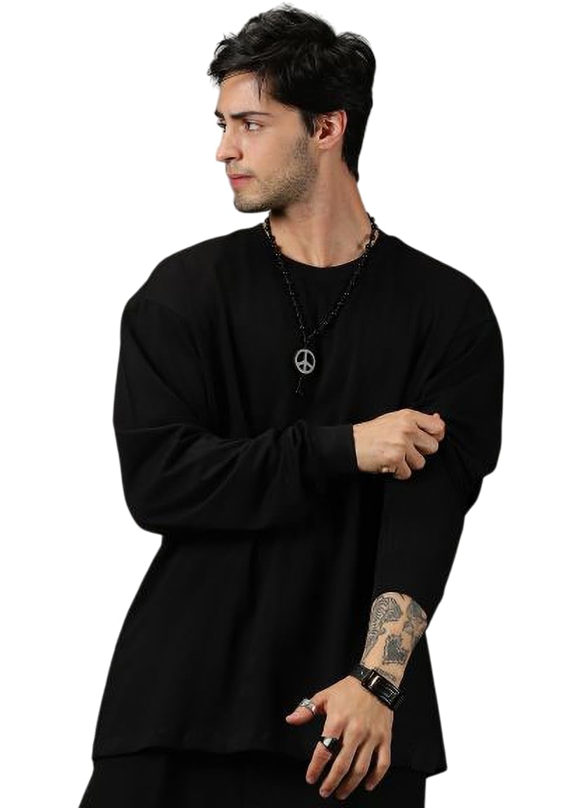 ALONE EAGLE Oversized Cotton Plain Full Sleeve Round Neck T Shirt for Men