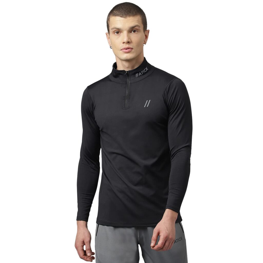 ATICX Men’s Slim Fit Polyester Full Sleeve T Shirt – Compression Tight Top Base Layer with Zip for Gym, Cycling, Running