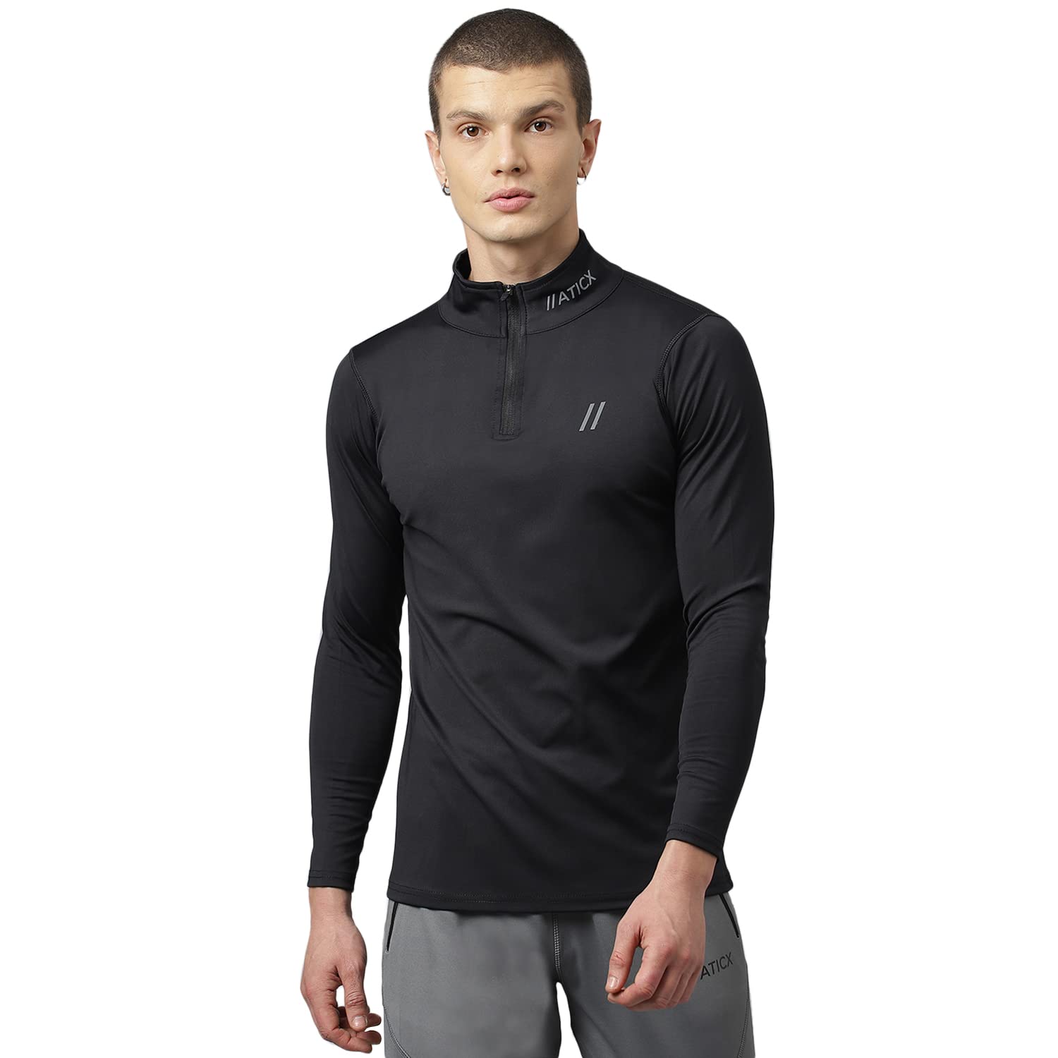 ATICX Men’s Slim Fit Polyester Full Sleeve T Shirt – Compression Tight Top Base Layer with Zip for Gym, Cycling, Running