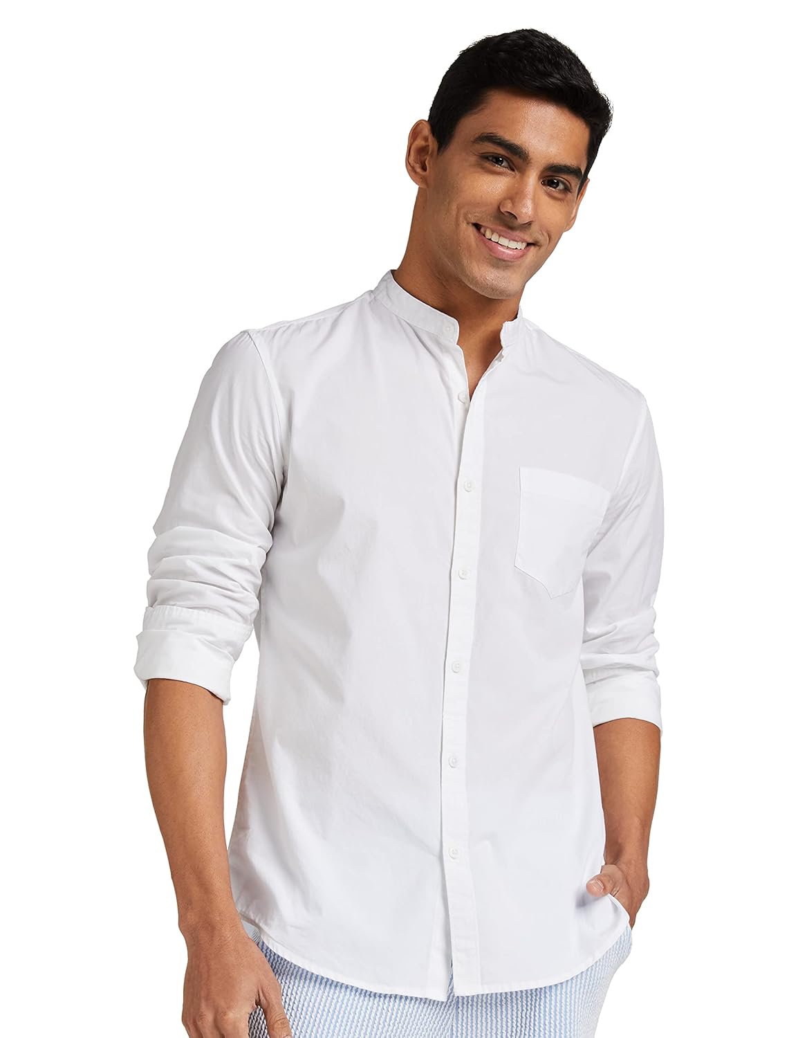 Amazon Brand – Symbol Men’s Cotton Shirt | Chinese Collar | Casual | Plain | Full Sleeve | Summer – Regular Fit (Available in Plus Size and Combo Packs)