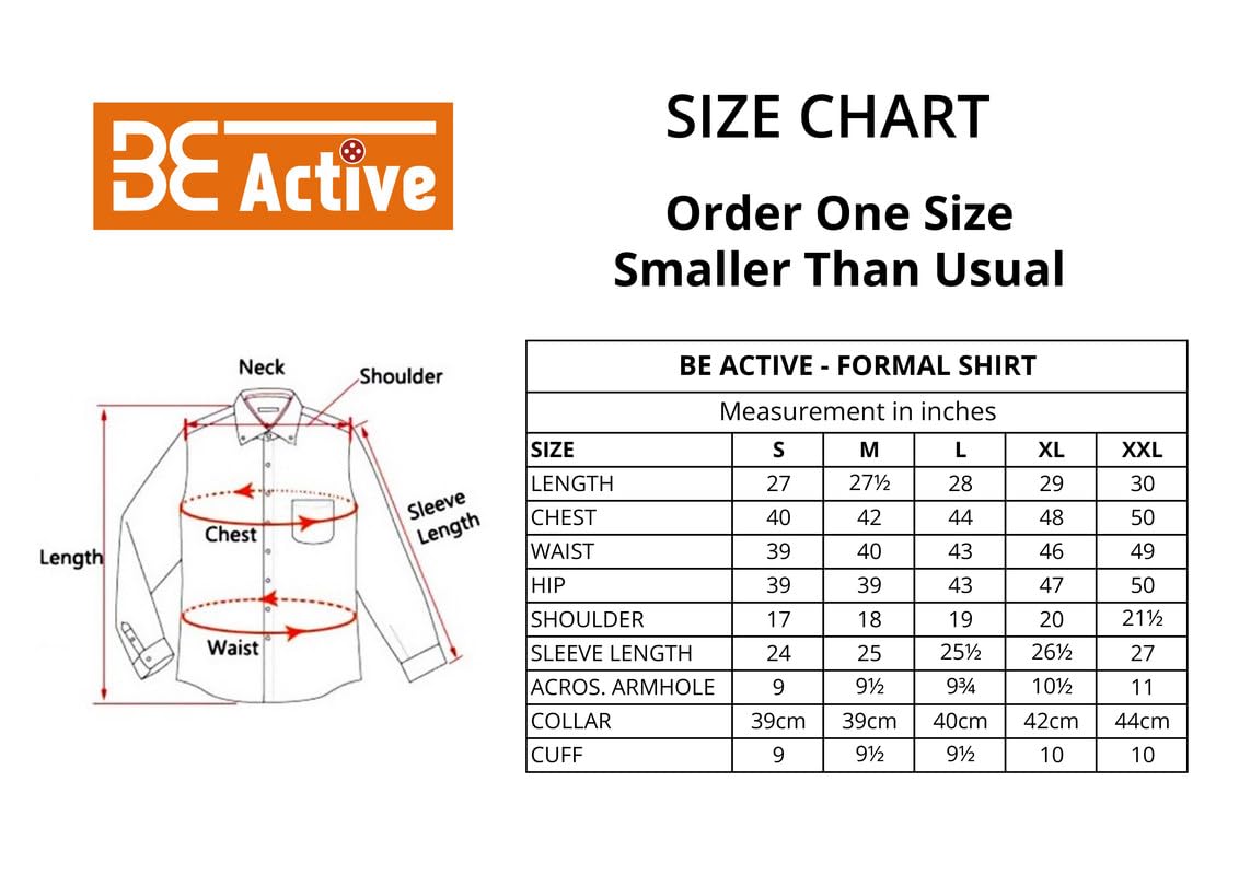 BE ACTIVE Men’s Solid Slim Fit Cotton Formal Shirts || Men Stylish Shirt || Spread Collar & Full Sleeves || Timeless Style & Comfort