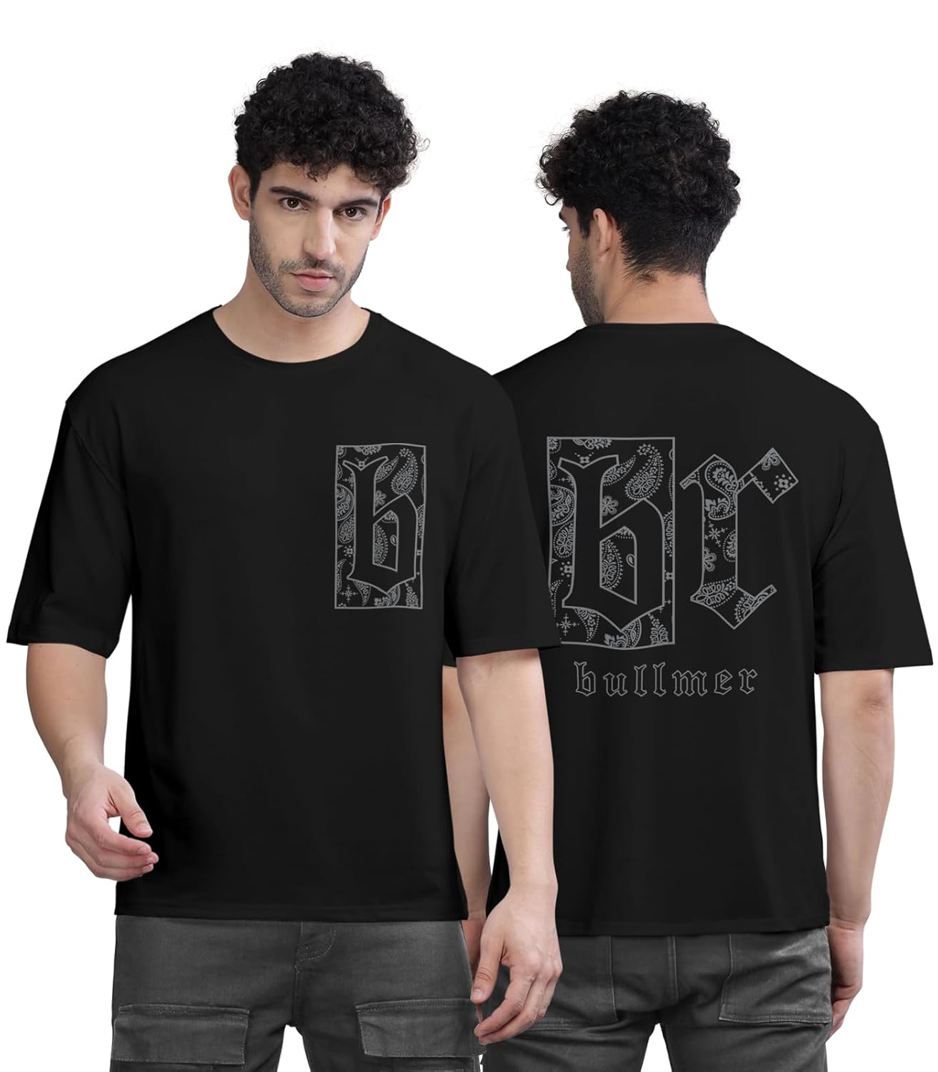 BULLMER Black Trendy Front and Back Printed oversized Round Neck T-shirt for men