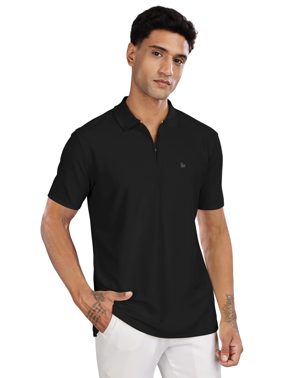 BULLMER Trendy Solid Zipper Collar/Polo Neck Tshirt for Men
