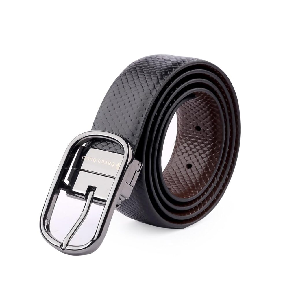 Bacca Bucci® Men’s Reversible Classic Dress Belt Italian Top Grain Genuine Leather Black & Brown with Rotating Metal Buckle-Black/Brown