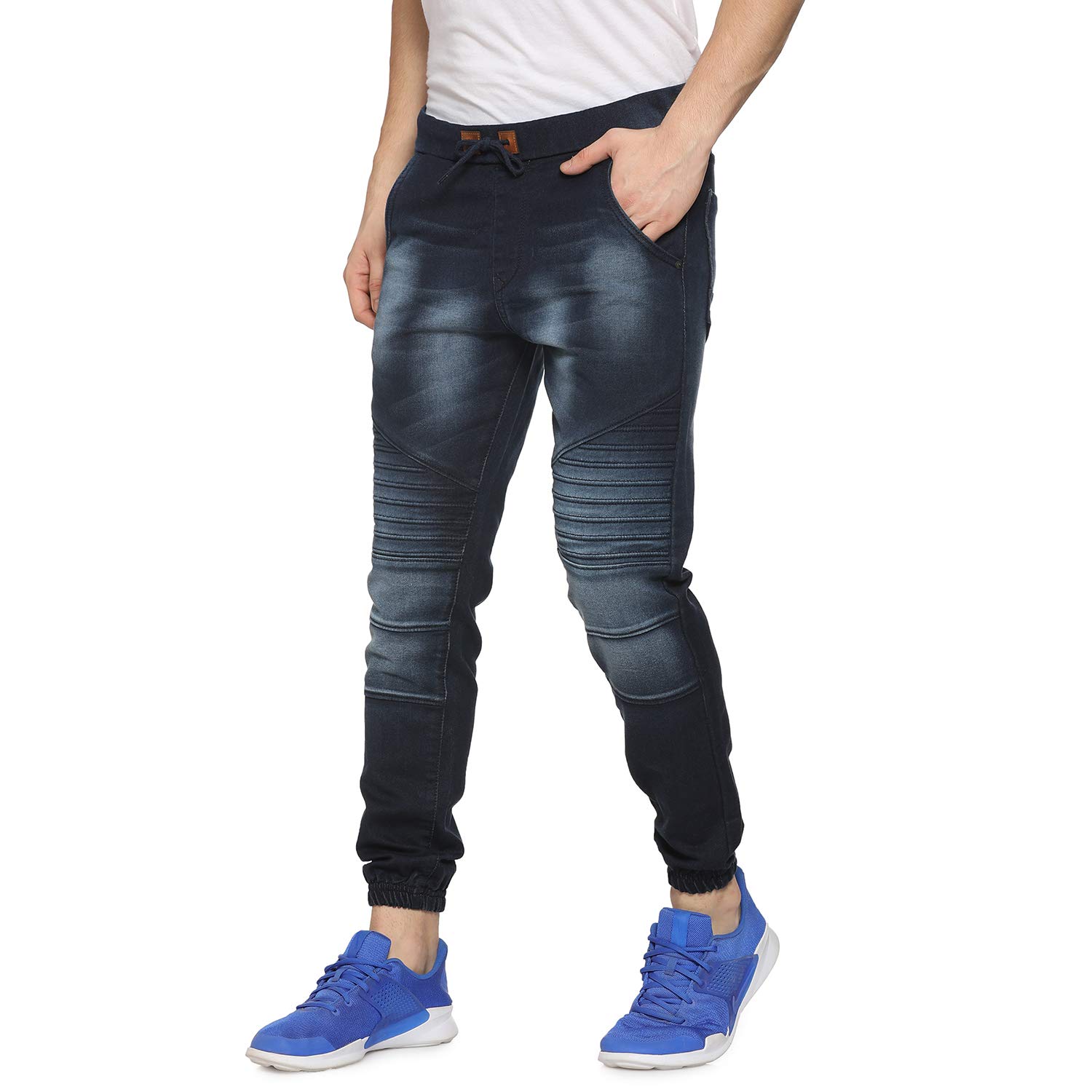 Campus Sutra Men’s Classic Blue Dark-Washed Regular Fit Denim Jeans with Drawstring Premium Stretchable Cotton Mid-Rise Crafted with Comfort Fit and High Performance for Everyday Wear