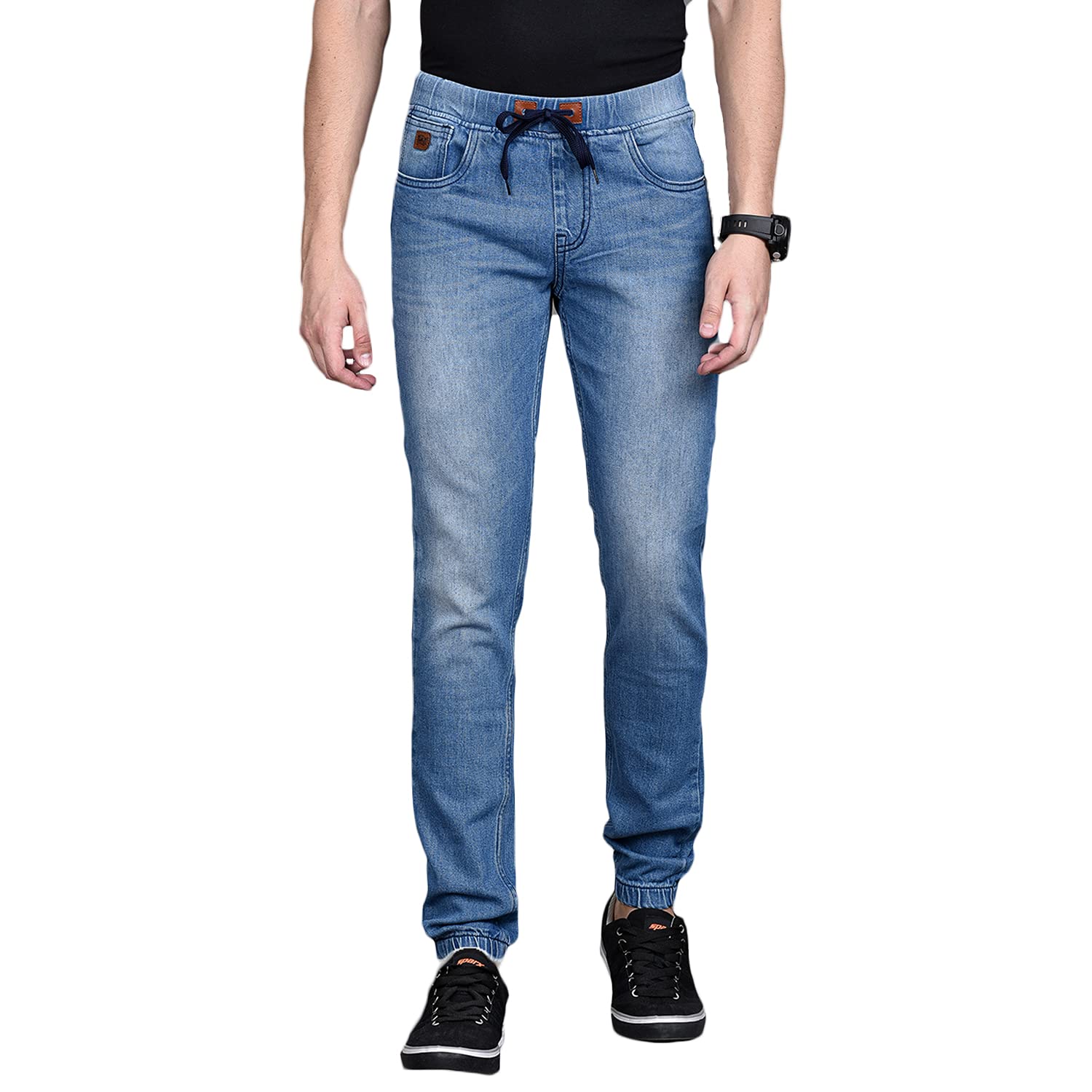 Campus Sutra Men’s Classic Blue Light-Washed Regular Fit Denim Jeans | Elasticated Hem Drawstring Mid-Rise Stretchable Cotton Denim Jeans Crafted with Comfort Fit & High Performance for Everyday Wear