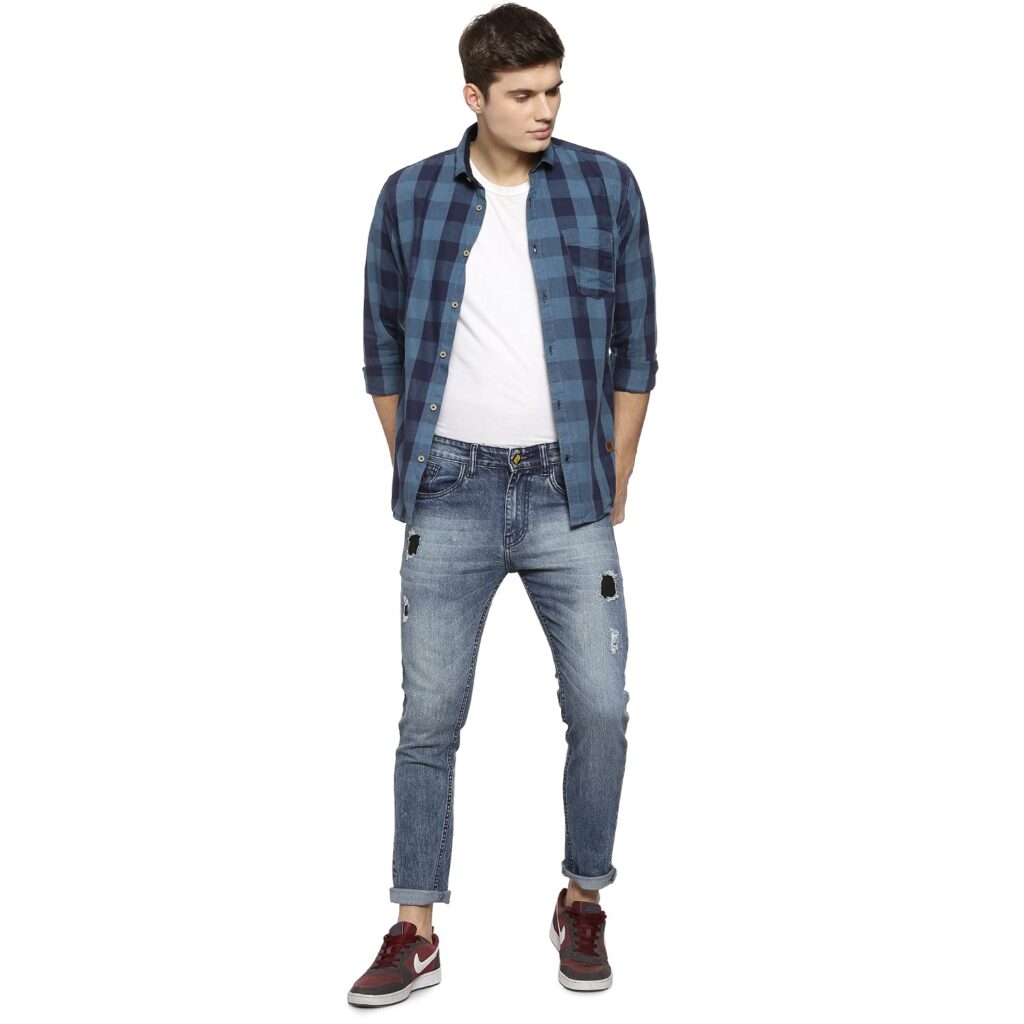 Campus Sutra Men’s Classic Dark-Washed Distressed Destroyed Torn Patterned Regular Fit Denim Jeans Premium Stretchable Cotton Mid-Rise Crafted with Comfort Fit and High Performance for Everyday Wear