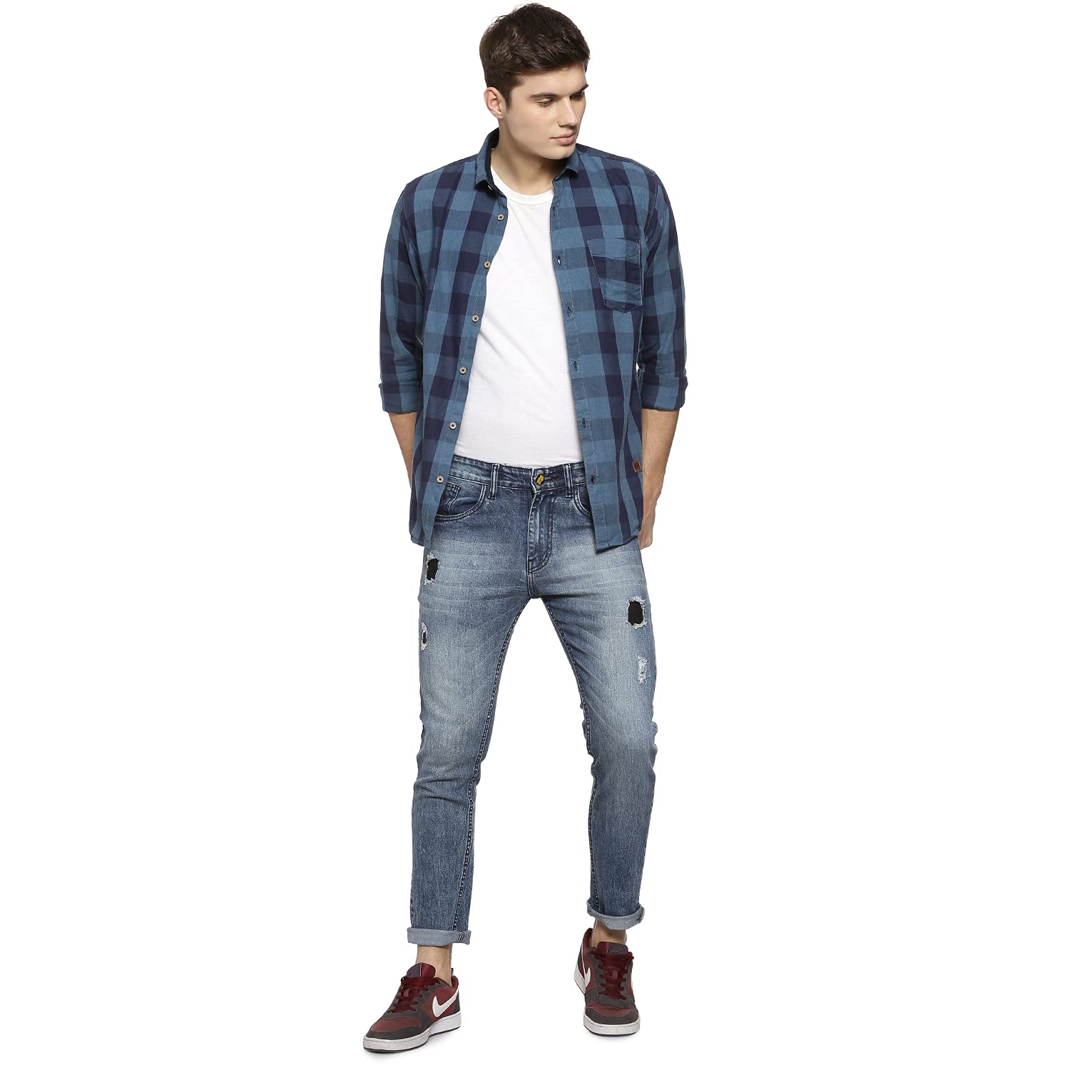 Campus Sutra Men’s Classic Dark-Washed Distressed Destroyed Torn Patterned Regular Fit Denim Jeans Premium Stretchable Cotton Mid-Rise Crafted with Comfort Fit and High Performance for Everyday Wear