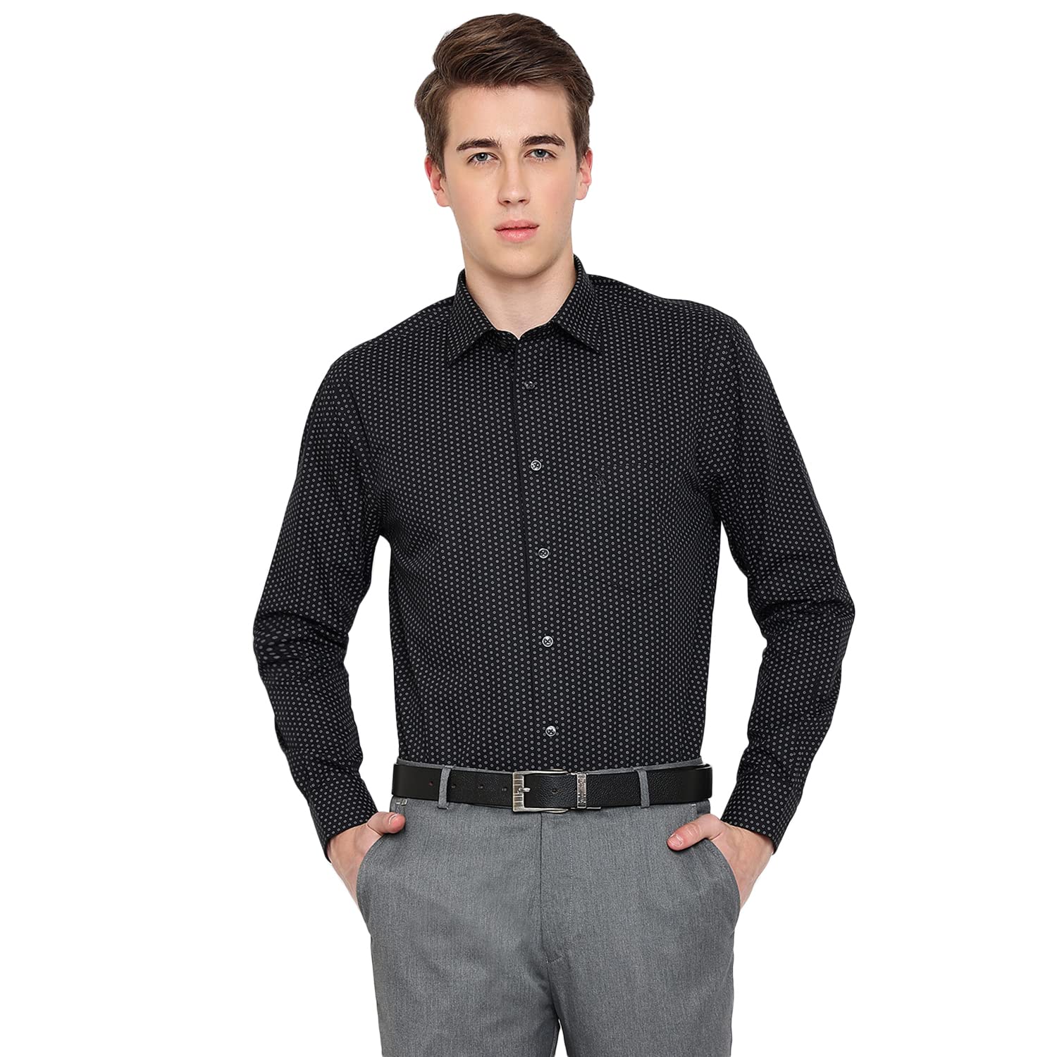 Cantabil Cotton Printed Full Sleeve Regular Fit Formal Shirt for Men with Pocket | Formal Shirt for Men | Formal Wear Shirts for Men (P_MSHF00279_Black)