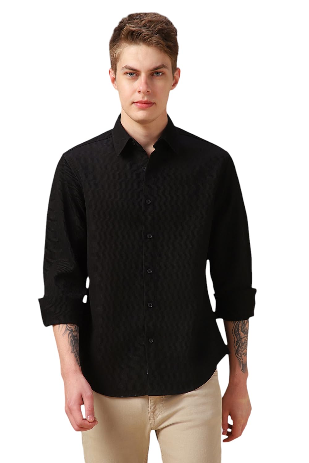 Dennis Lingo Men Black Solid Polyester Regular Fit Full Sleeve Shirts