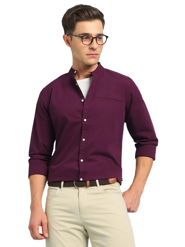 Dennis Lingo Men Solid Mandarin Collar Full Sleeves Regular Fit Casual Shirt