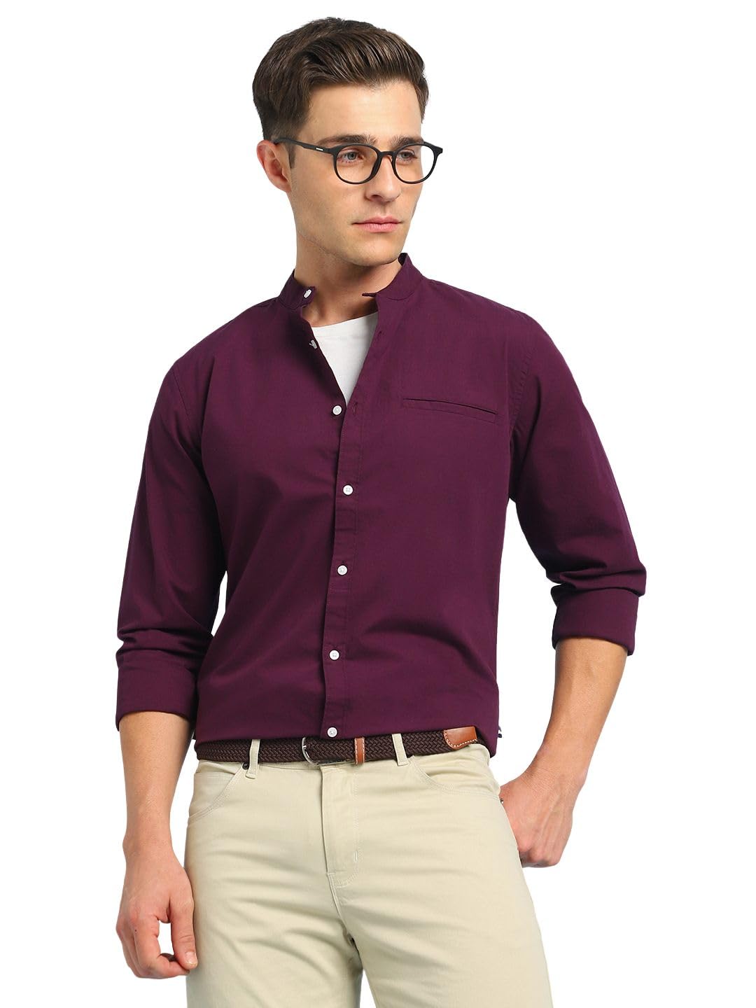Dennis Lingo Men Solid Mandarin Collar Full Sleeves Regular Fit Casual Shirt