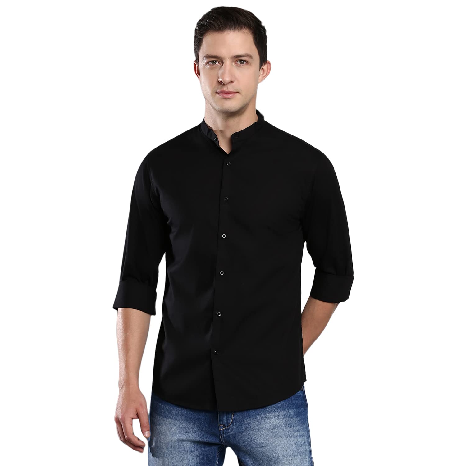Dennis Lingo Men’s Solid Casual Full Sleeves Slim fit Black Cotton Shirt-C201_2_M