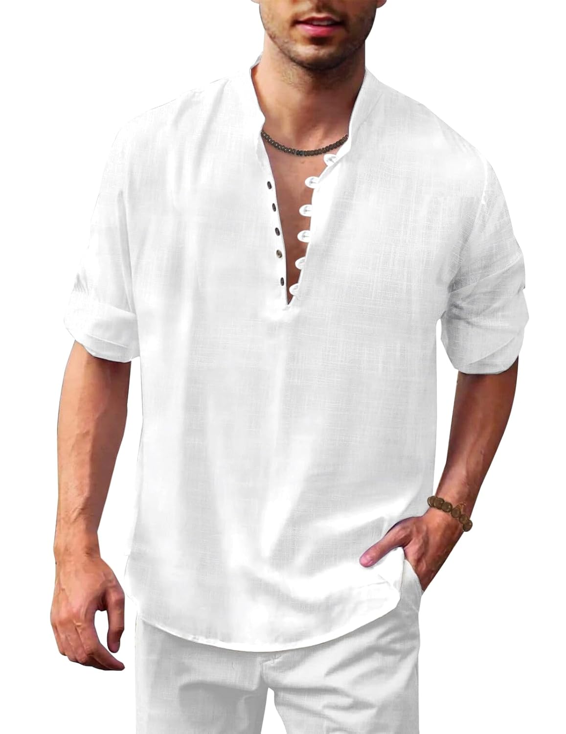 FINIVO FASHION Men’s Solid Cotton Blend Full Sleeve Regular Fit Straight Kurta Shirt, White, M, Pack of 1