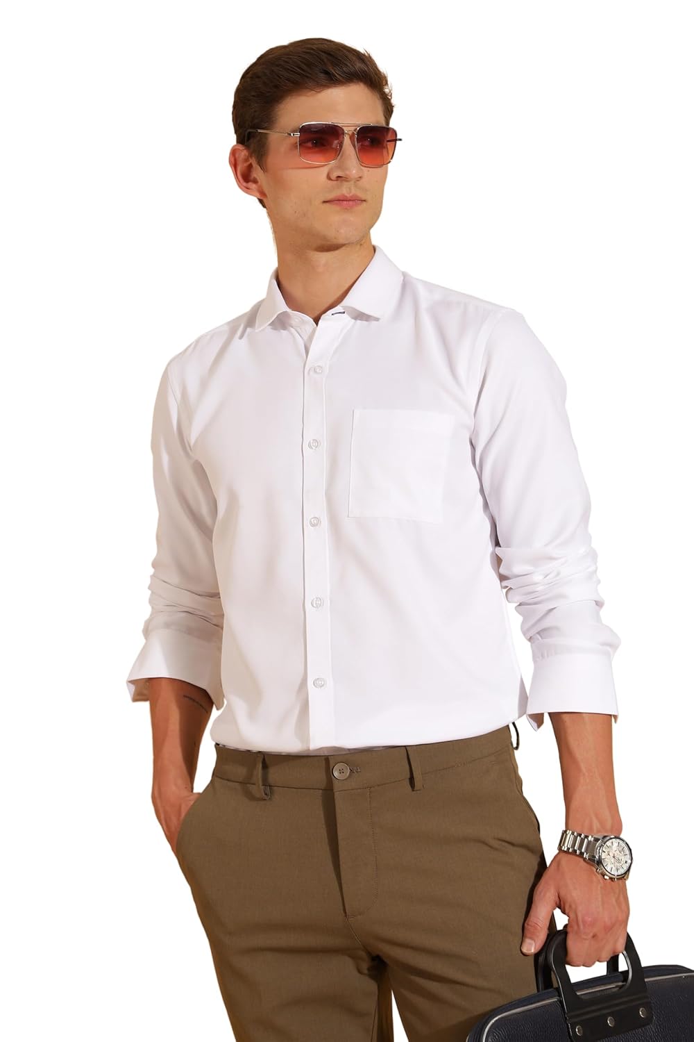 FYLTR Men’s Slim Fit Shirt – Dobby Self Design | Full Sleeve | Functional Patch Pocket | White Formal Shirts for Men