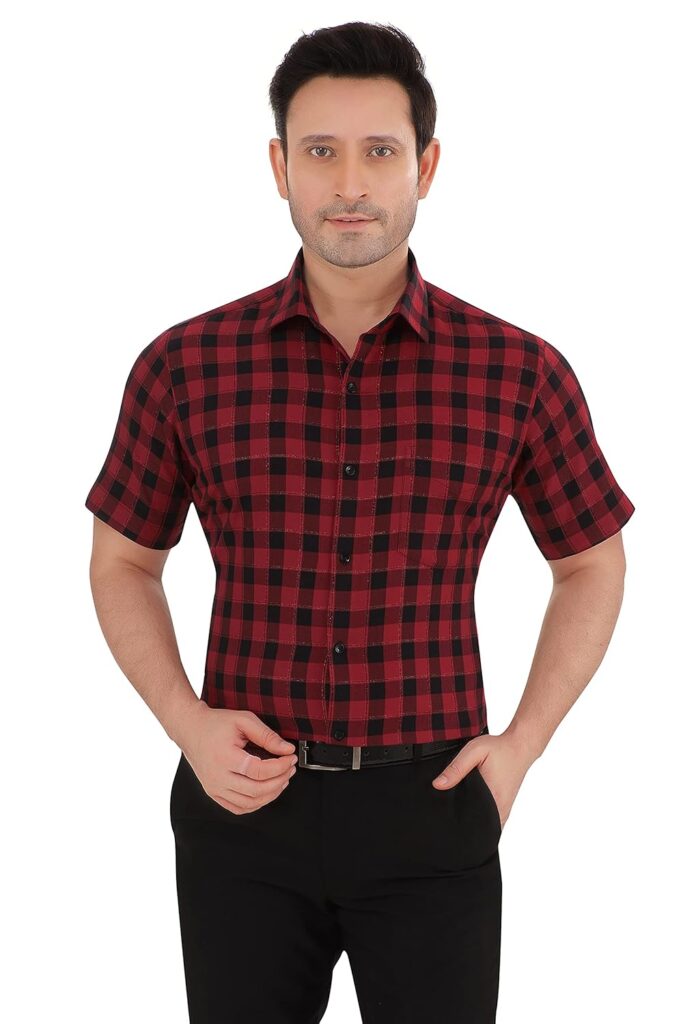 Faubourg Mens 100% Cotton Half Sleeve Checkered Formal Shirt