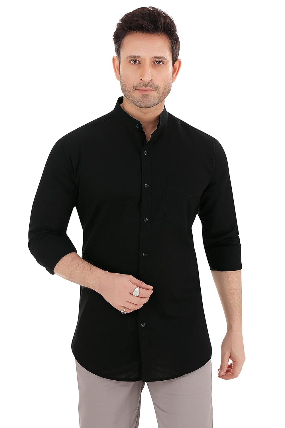 Faubourg Mens Linen Cotton Mandarin Chinese Collar Formal Shirt